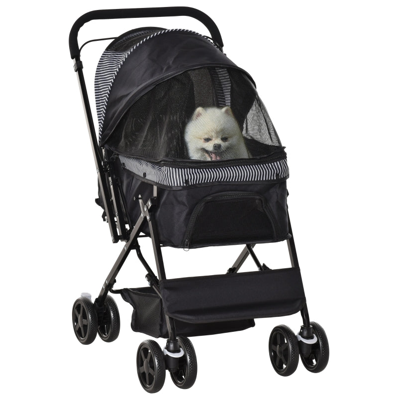 Pet Stroller Pushchair, Foldable Travel Carriage with Reversible Handle, Brake, and Basket