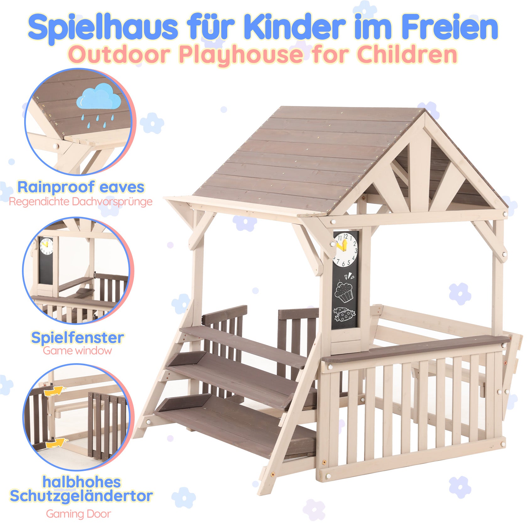 Outdoor Kitchen Playset with Rainproof Roof and Multi-purpose Shelf, Grey Wood