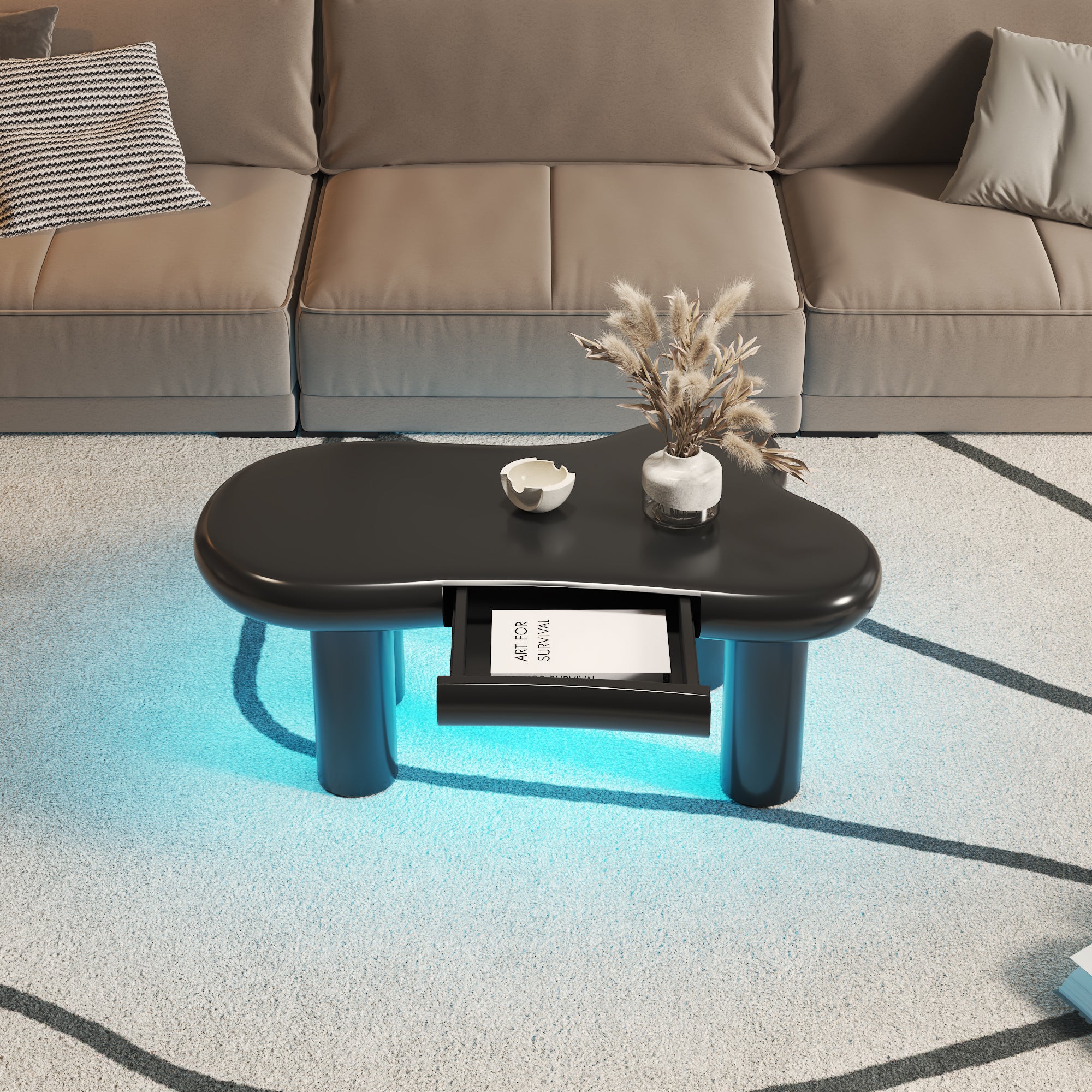 Coffee Table, Cloud-Shaped with 16-Color LED & Drawer, Black MDF