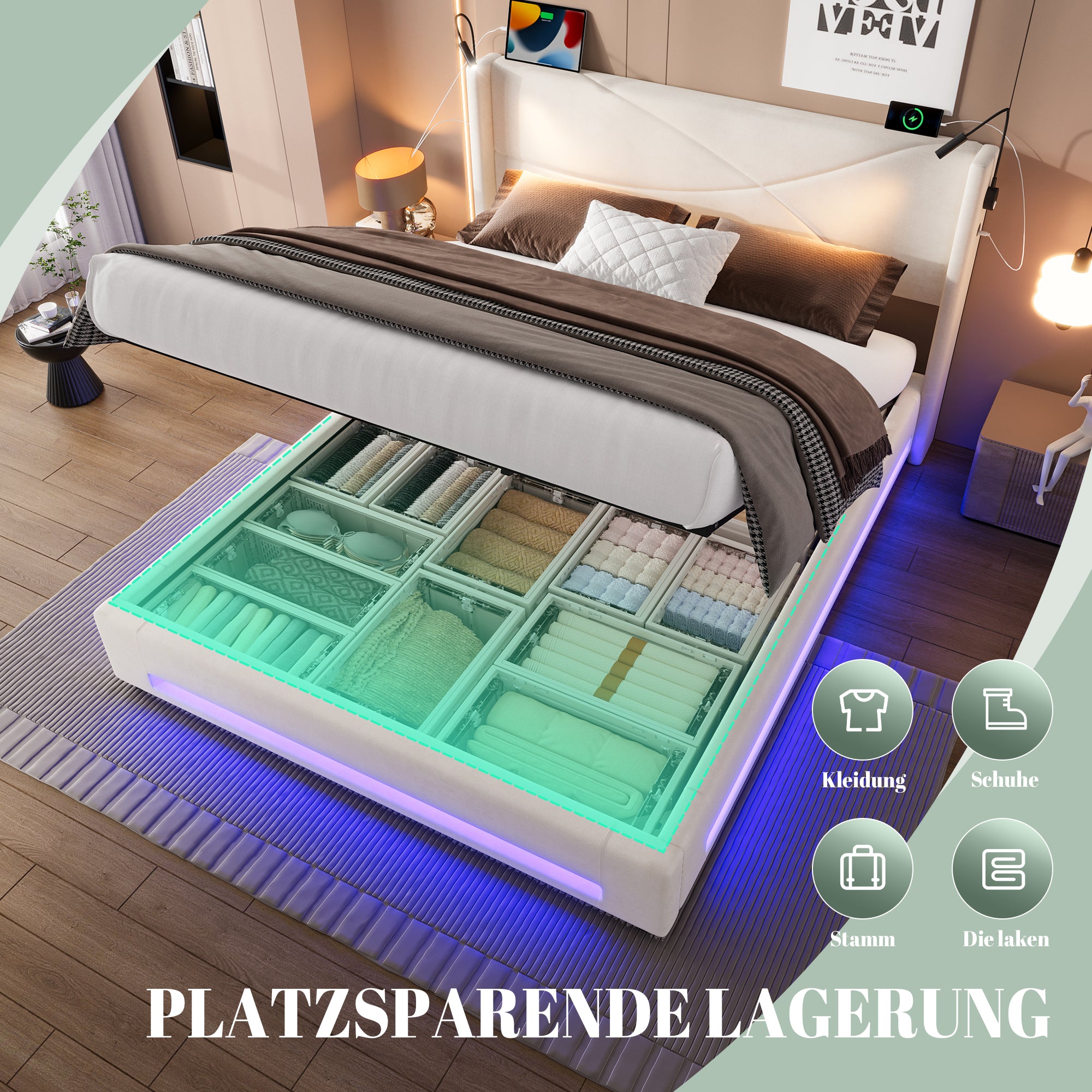 Bed Frame, Modern with Reading Lights, LED, Hydraulic Storage, USB Ports, 140x200cm