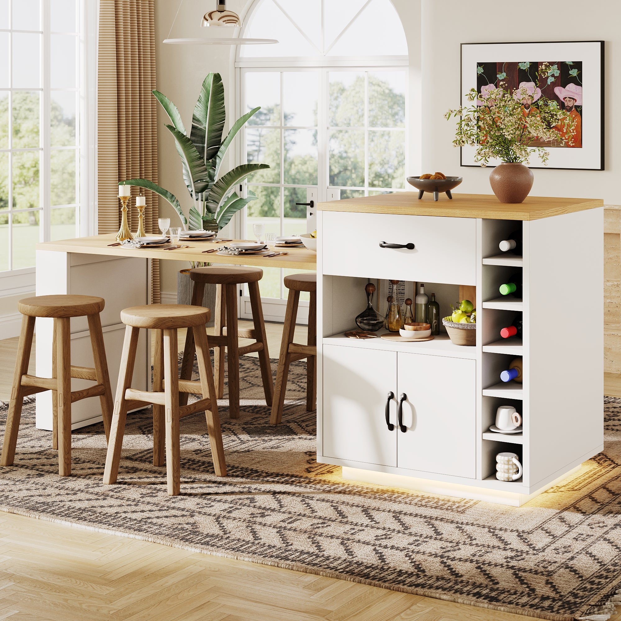 Kitchen Island with Pull-out Table and Storage, 2 Drawers and 4 Doors, Black/White