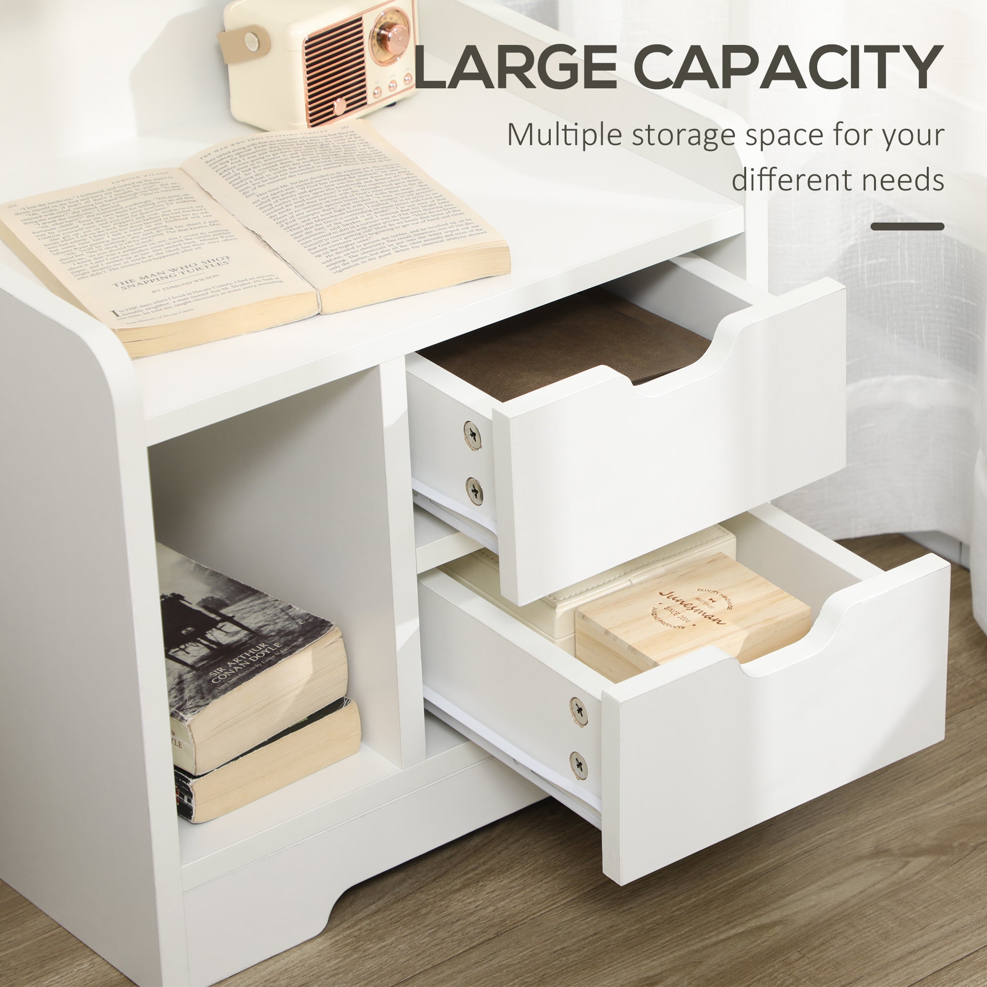 Bedside Table, Small Cabinet 2 Drawers Storage Shelves, White