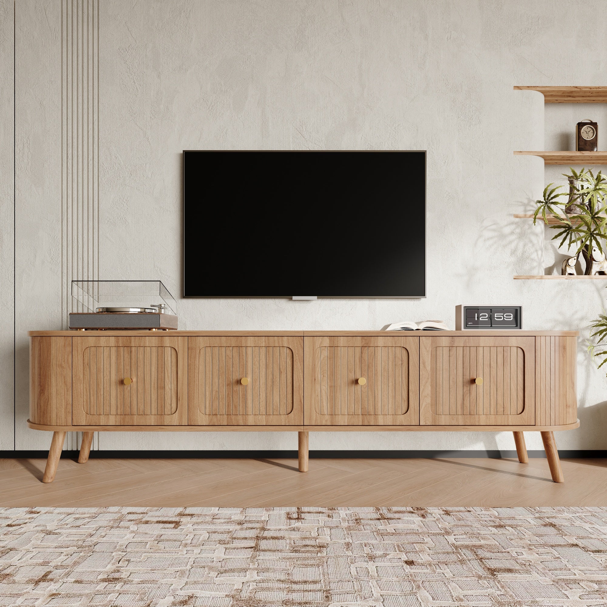 Modern TV Cabinet with 4 Doors and Gold Handles, Oak finish