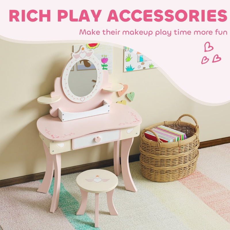 Kids Dressing Table Vanity Set with Mirror Stool Drawer Storage Pink