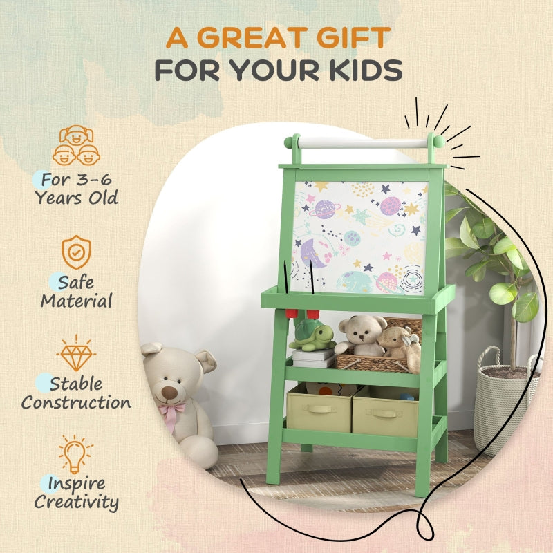 3 in 1 Kids Easel Double-Sided Magnetic Whiteboard Chalkboard with Paper Roll and Storage Baskets, Green Engineered Wood
