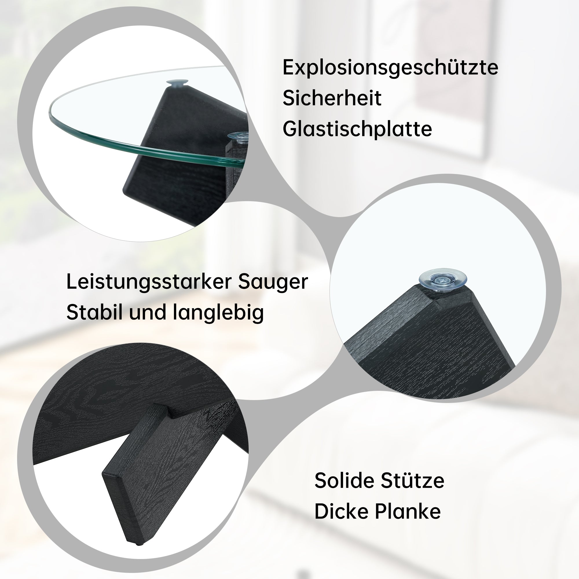 Round Coffee Table 79cm - Tempered Glass Top, Black Wood Grain Legs - MDF/Glass