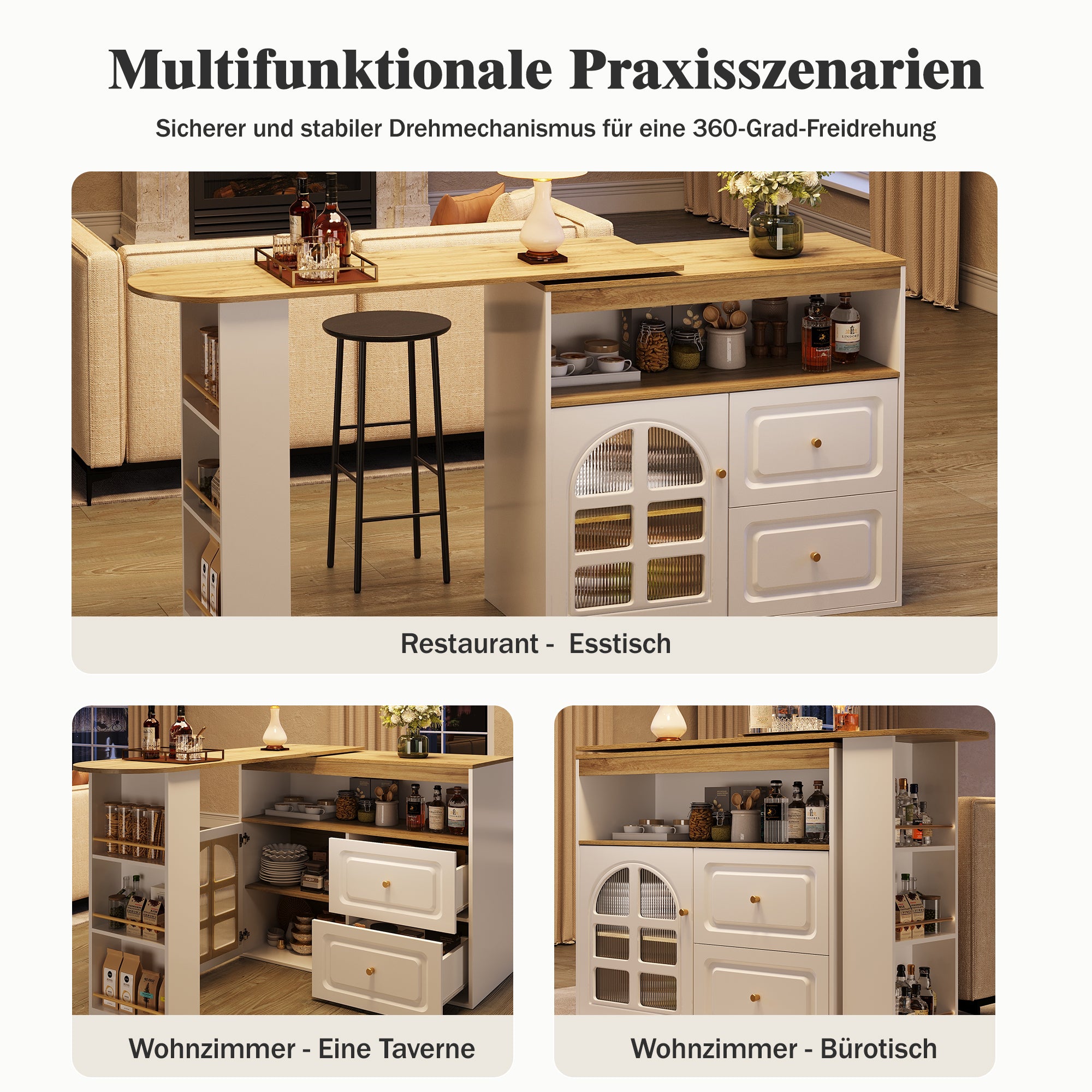 Rotating Dining Bar Sideboard 360° Swivel with 2 Drawers Snack Shelf Curved Glass White