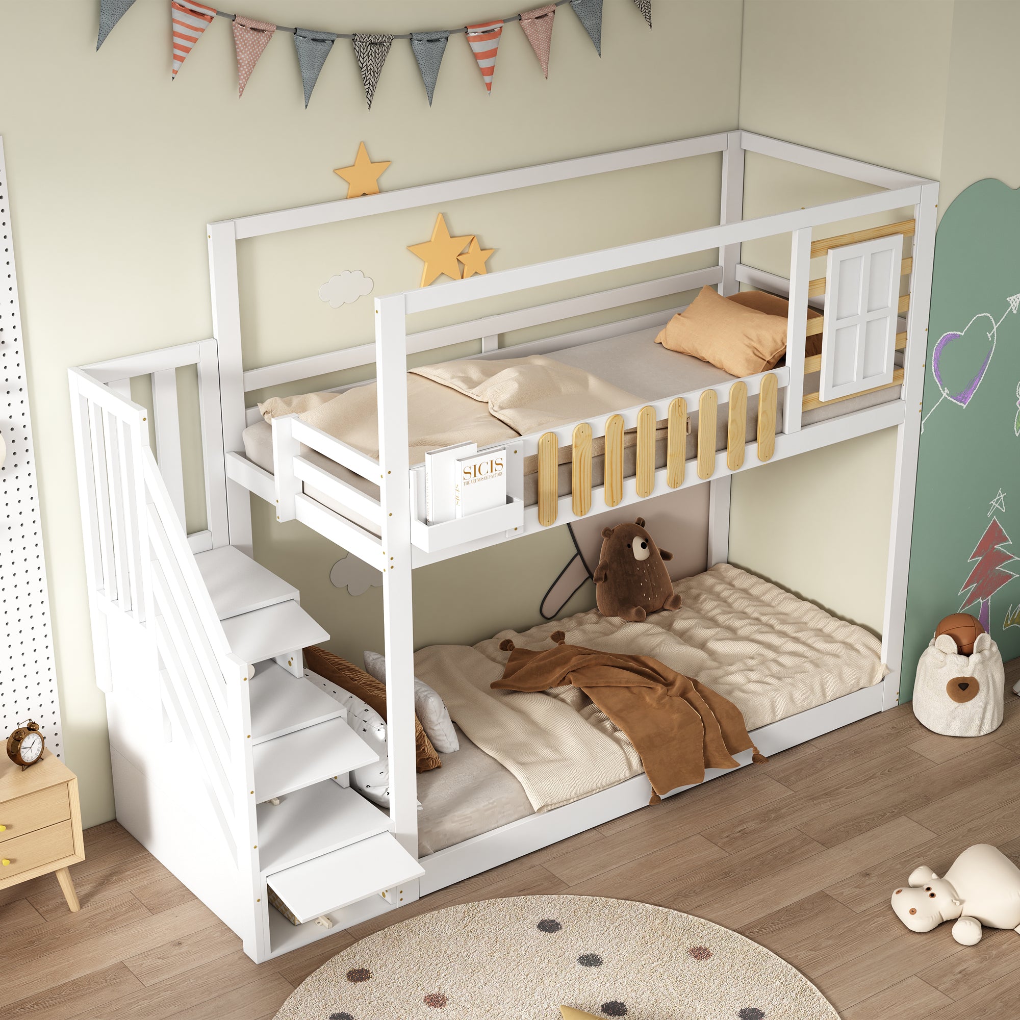 Bunk Bed with Stairs, Window & Shelf, Pine, White 90x200cm