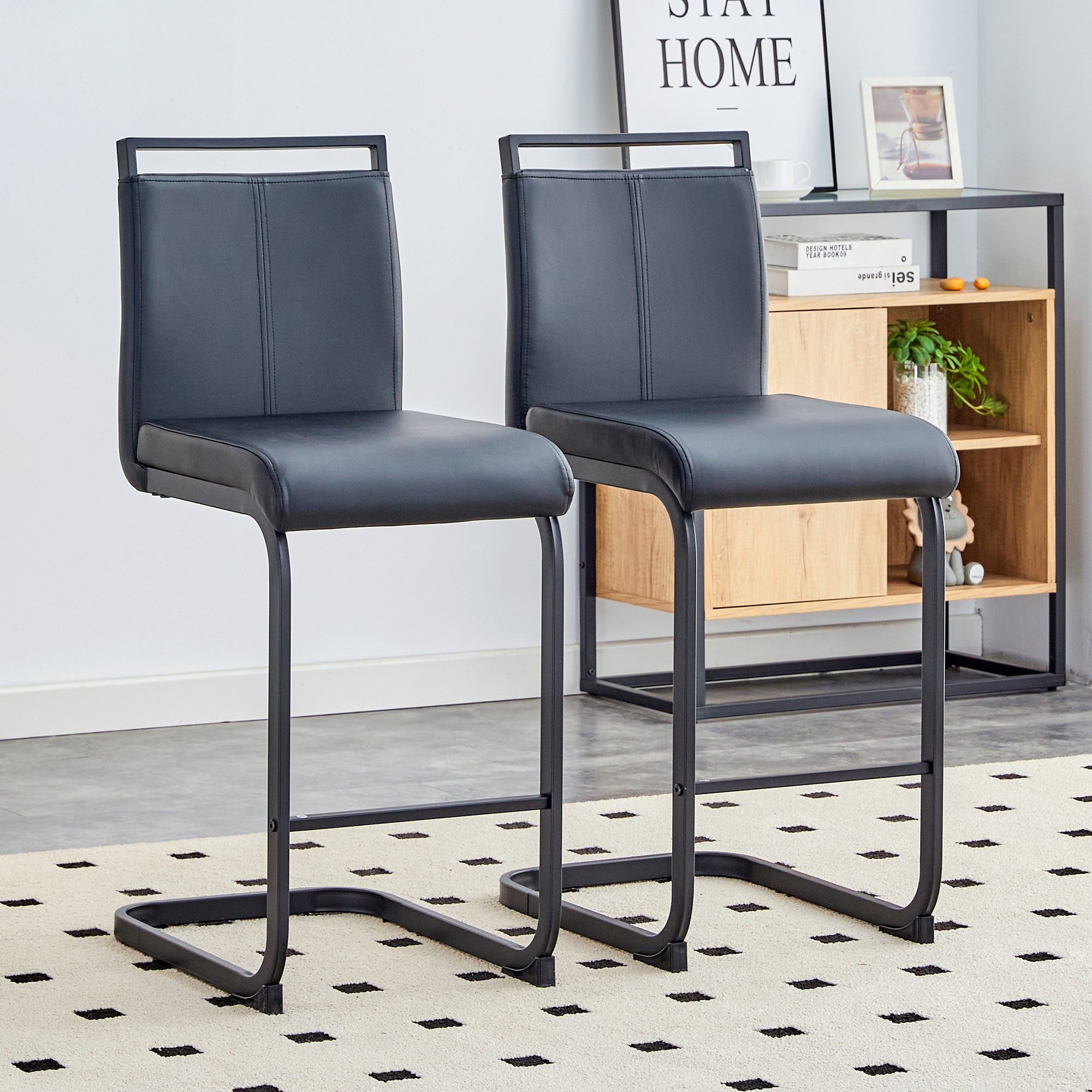 Nordic-Style Bar Stools, Set of 2, 96.5 cm Height, Black Faux Leather