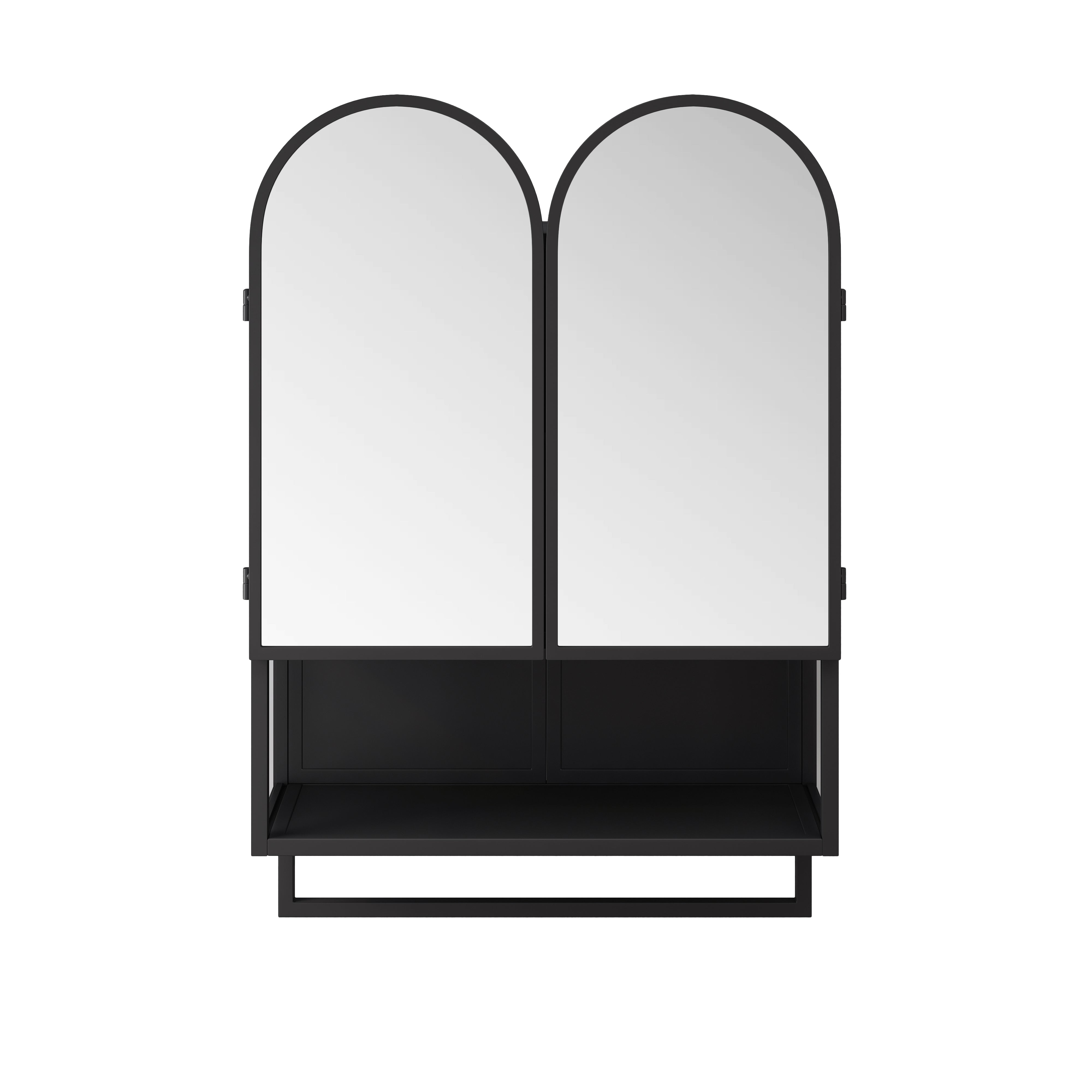 Mirror Cabinet 60CM Double-Arched 2 Doors Open Shelf Metal Black