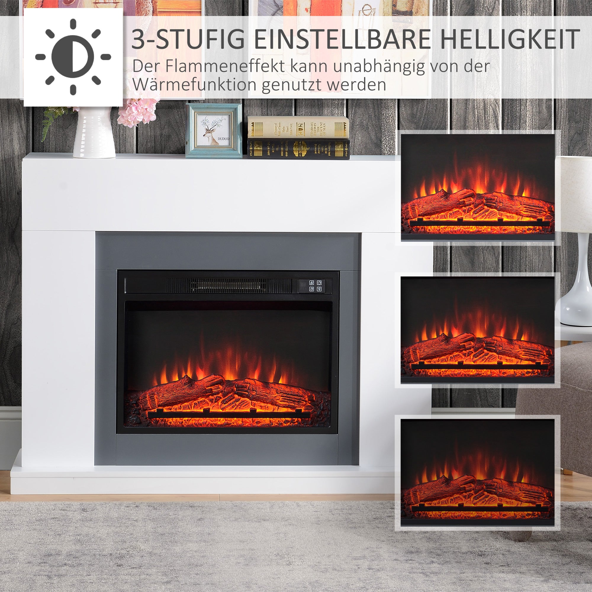 LED Electric Fireplace Freestanding 1800/2000W Flame Effect Wooden Frame - White MDF