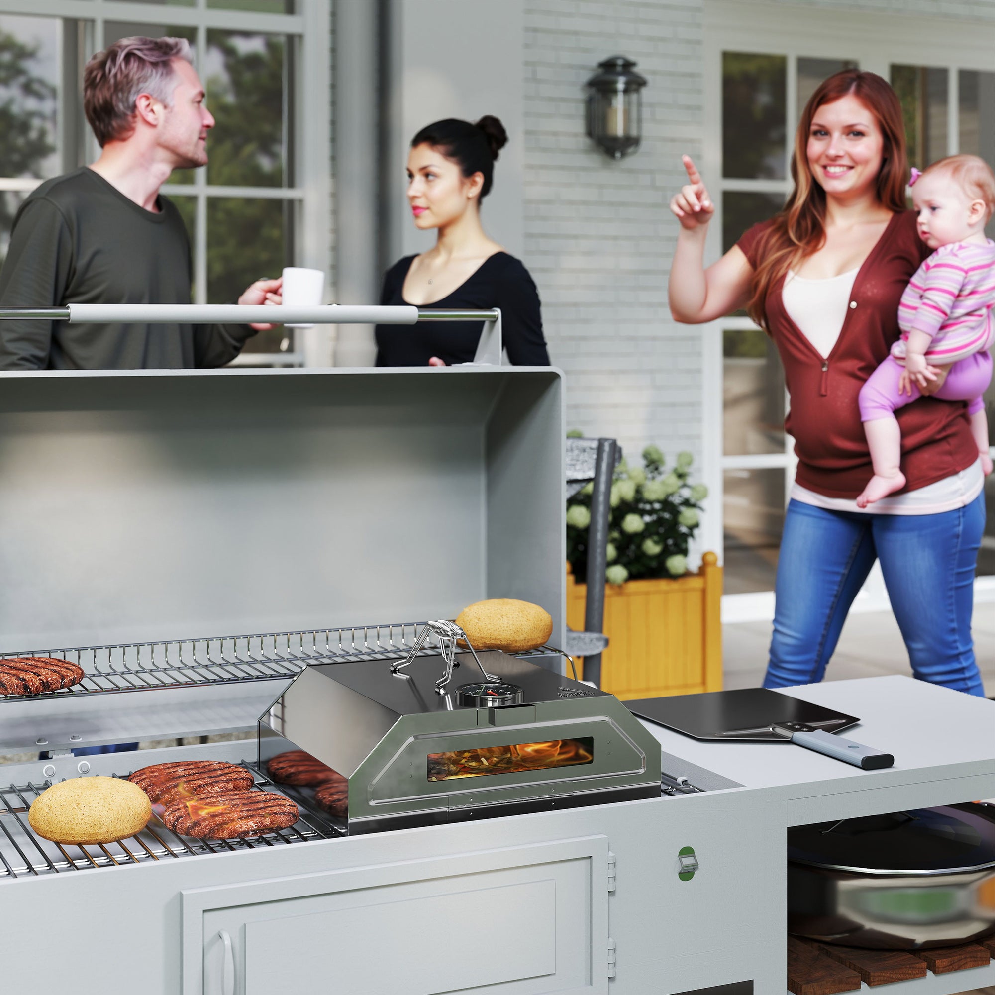 Portable Pizza Oven, 8 in BBQ Grill Top with Thermometer and Stone/Peel, Stainless Steel/Silver Tone