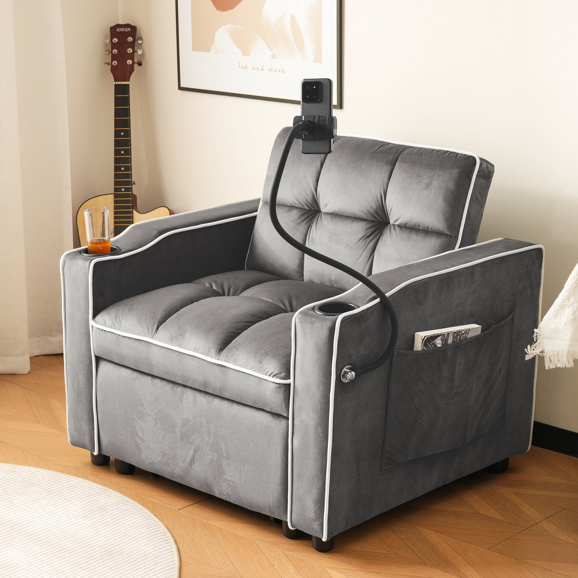 3-in-1 Sleeper Sofa Extendable, Cup/Phone Holders, Small Spaces
