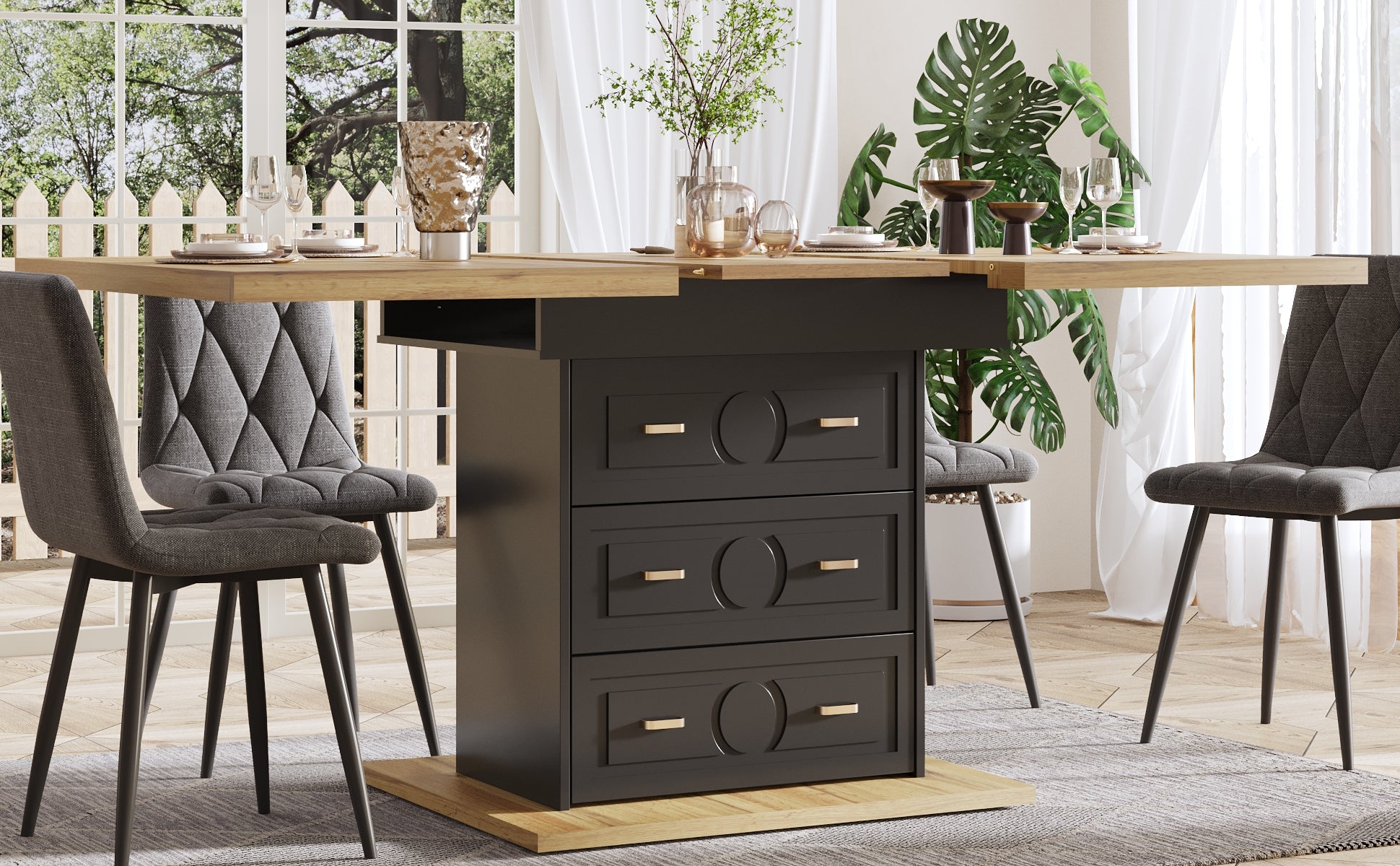 Extendable Dining Table 110-140x80cm 6 Person - Wood Grain