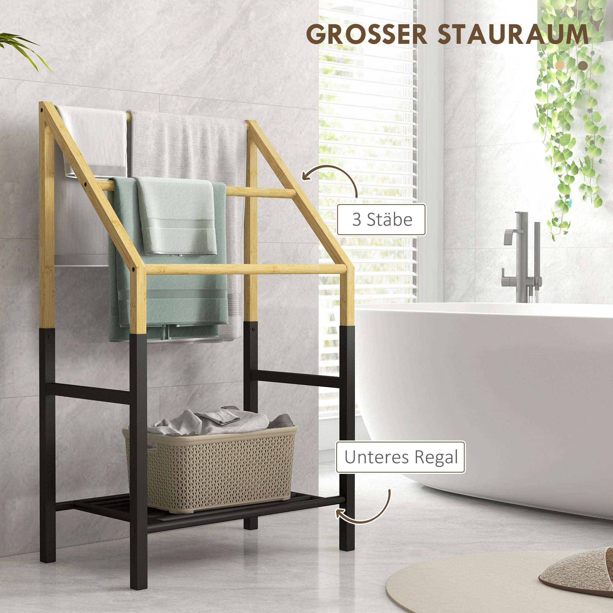 Towel Holder Freestanding, 3 Towel Rails with Shelf, Metal, Natural