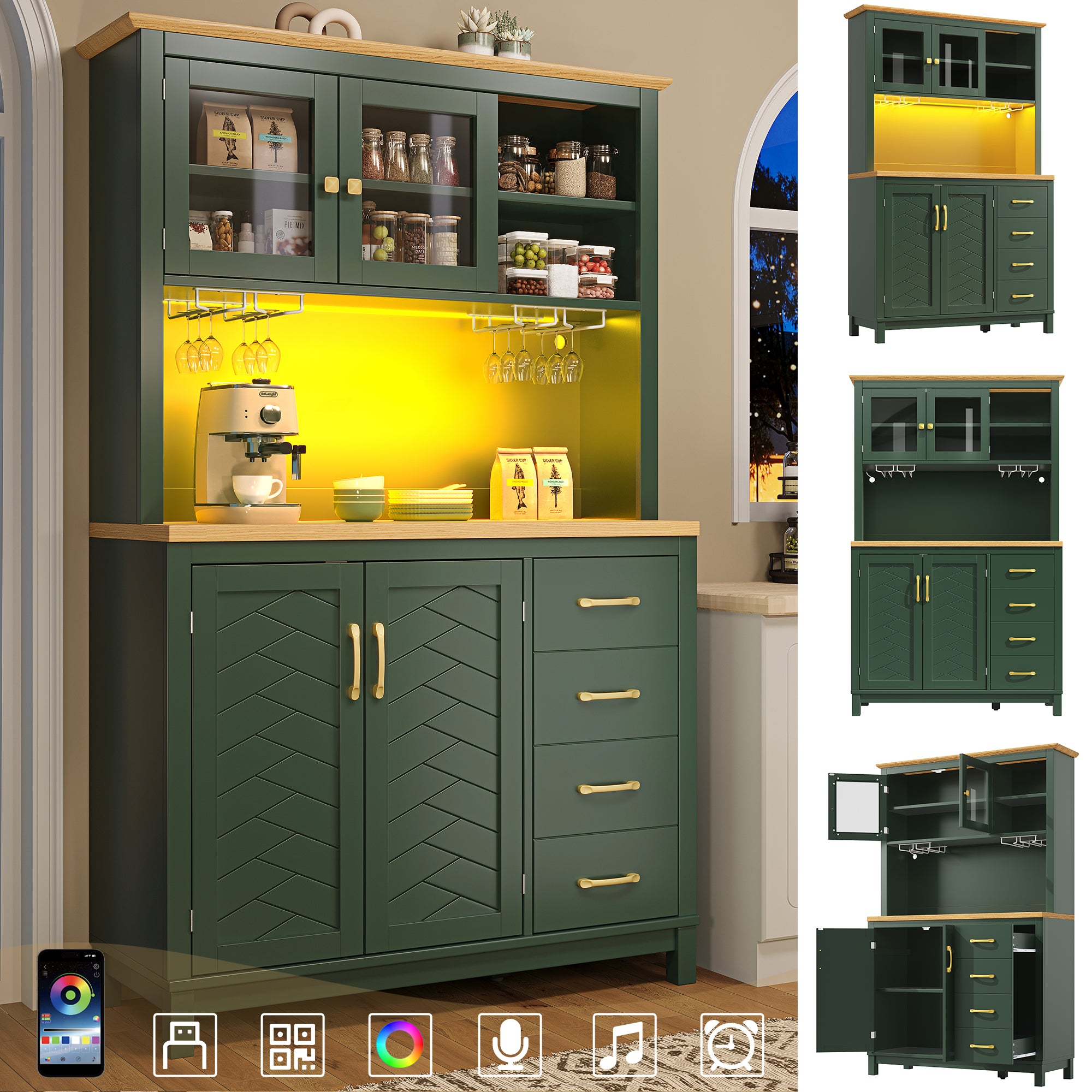 Buffet Cabinet with LED Light Strip and Drink Holders, Green, Black and White