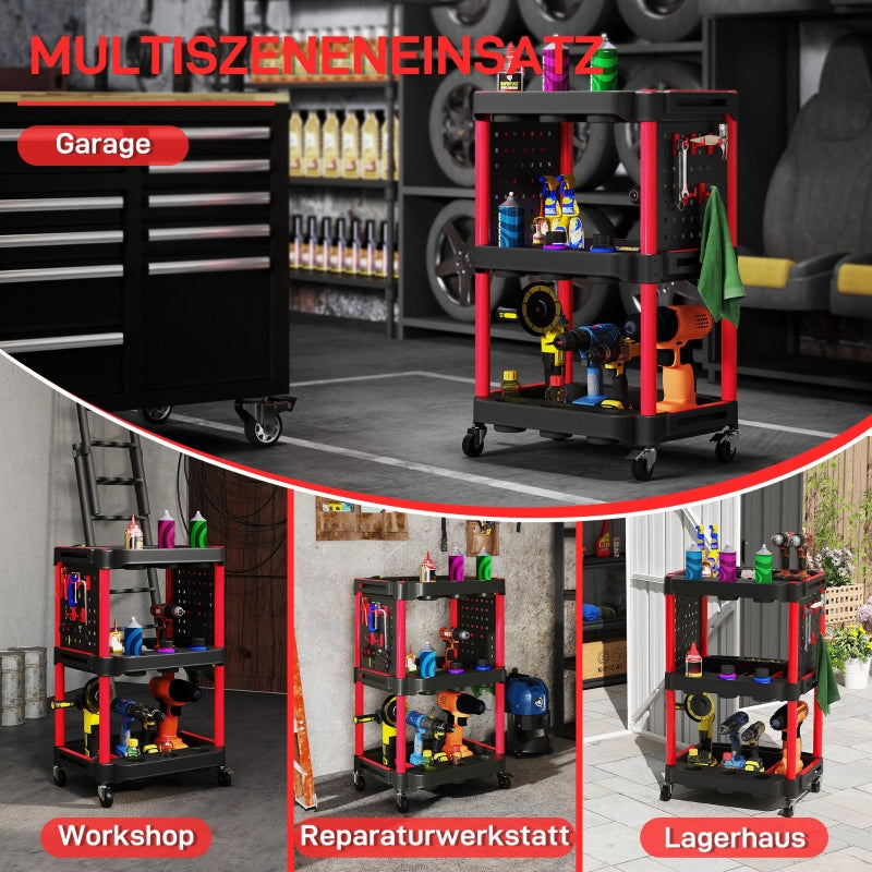 Workshop trolley 3 levels, side perforated shelves, 10 hooks, 91 kg load capacity, black