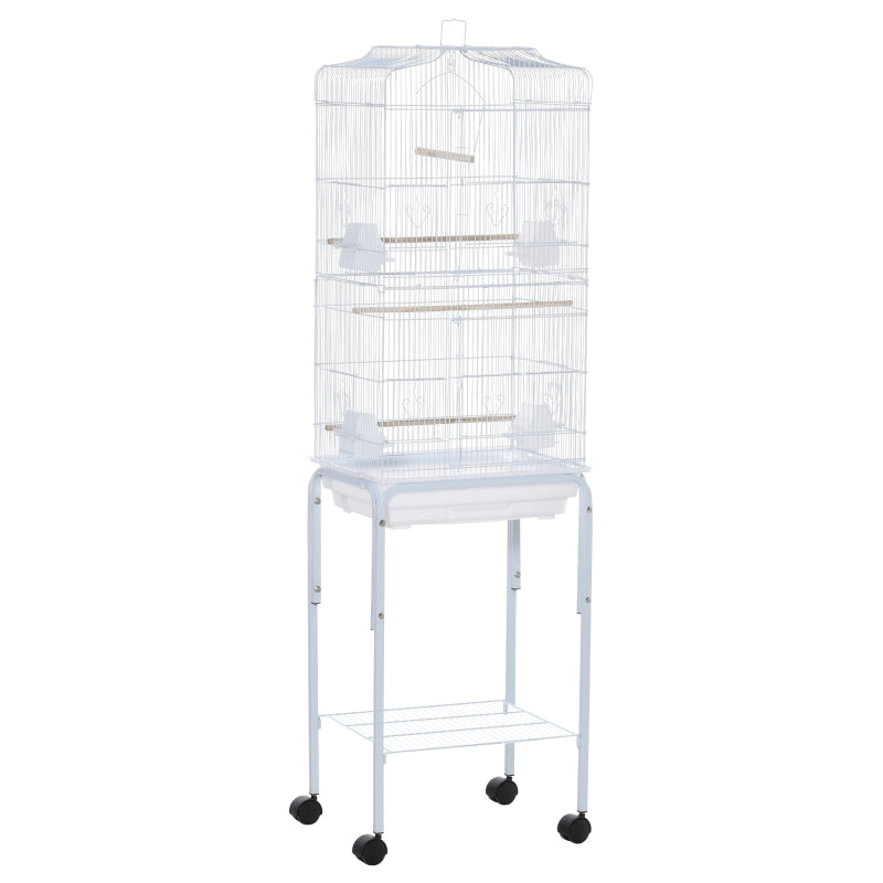 Bird Cage with Stand Wheels Slide-out Tray Storage Shelf, White