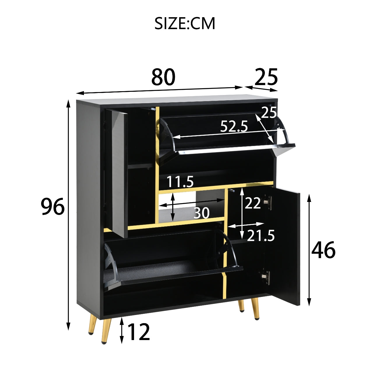 Modern shoe cabinet, high-gloss front, 16-color LED light, black