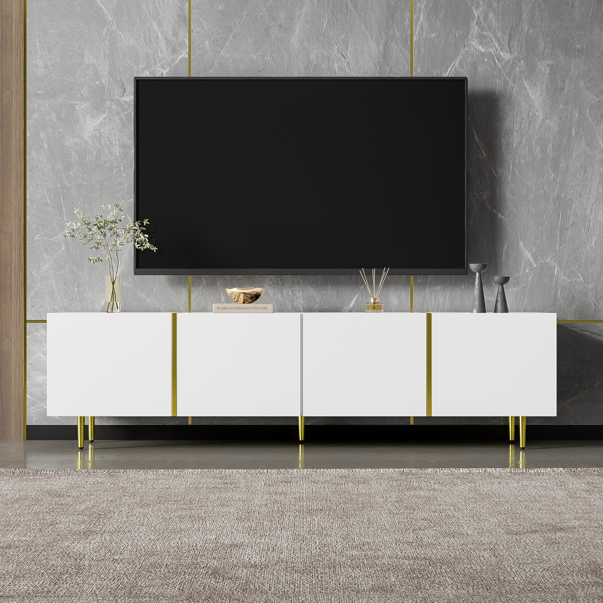 High-gloss TV cabinet with four doors, modern and simple, in white