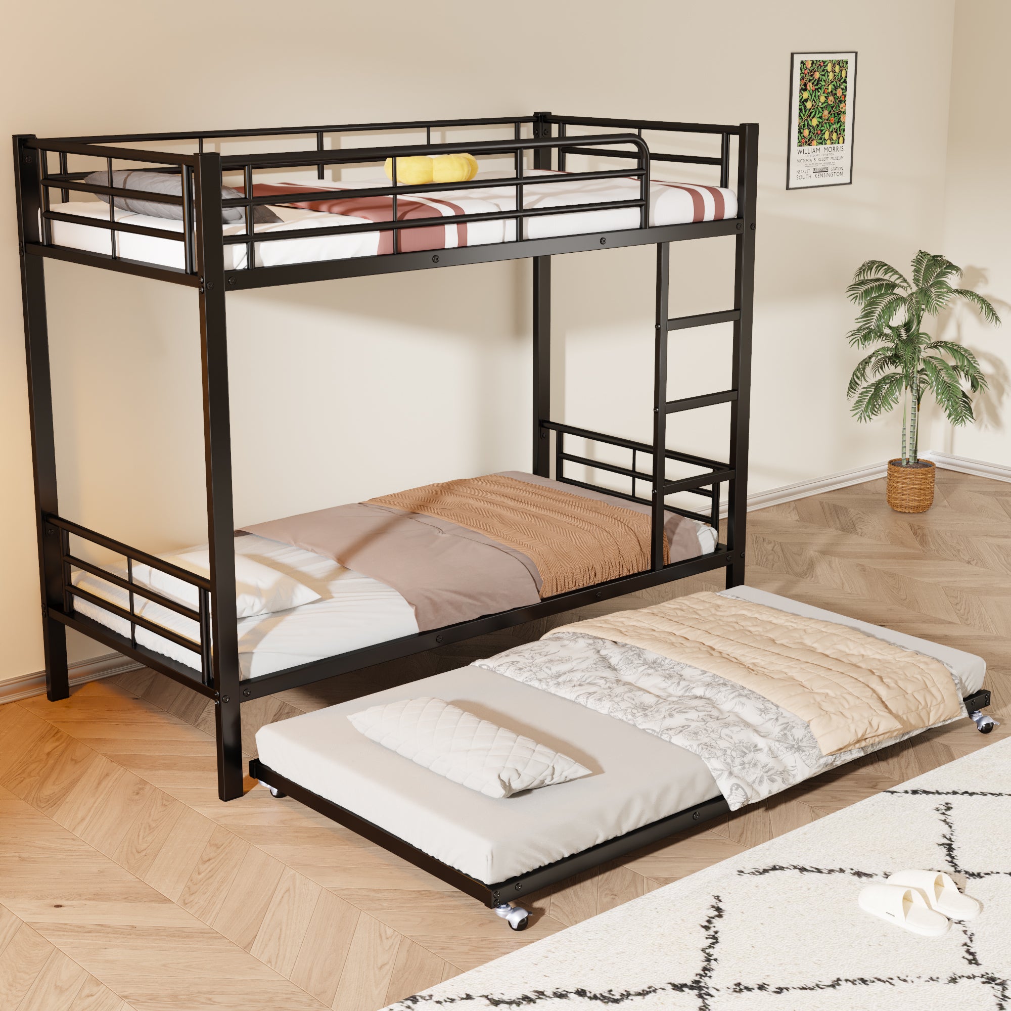 Iron Bunk Bed Pull-out Bed 4 Side Rails 90x200cm & 90x190cm, Black Metal