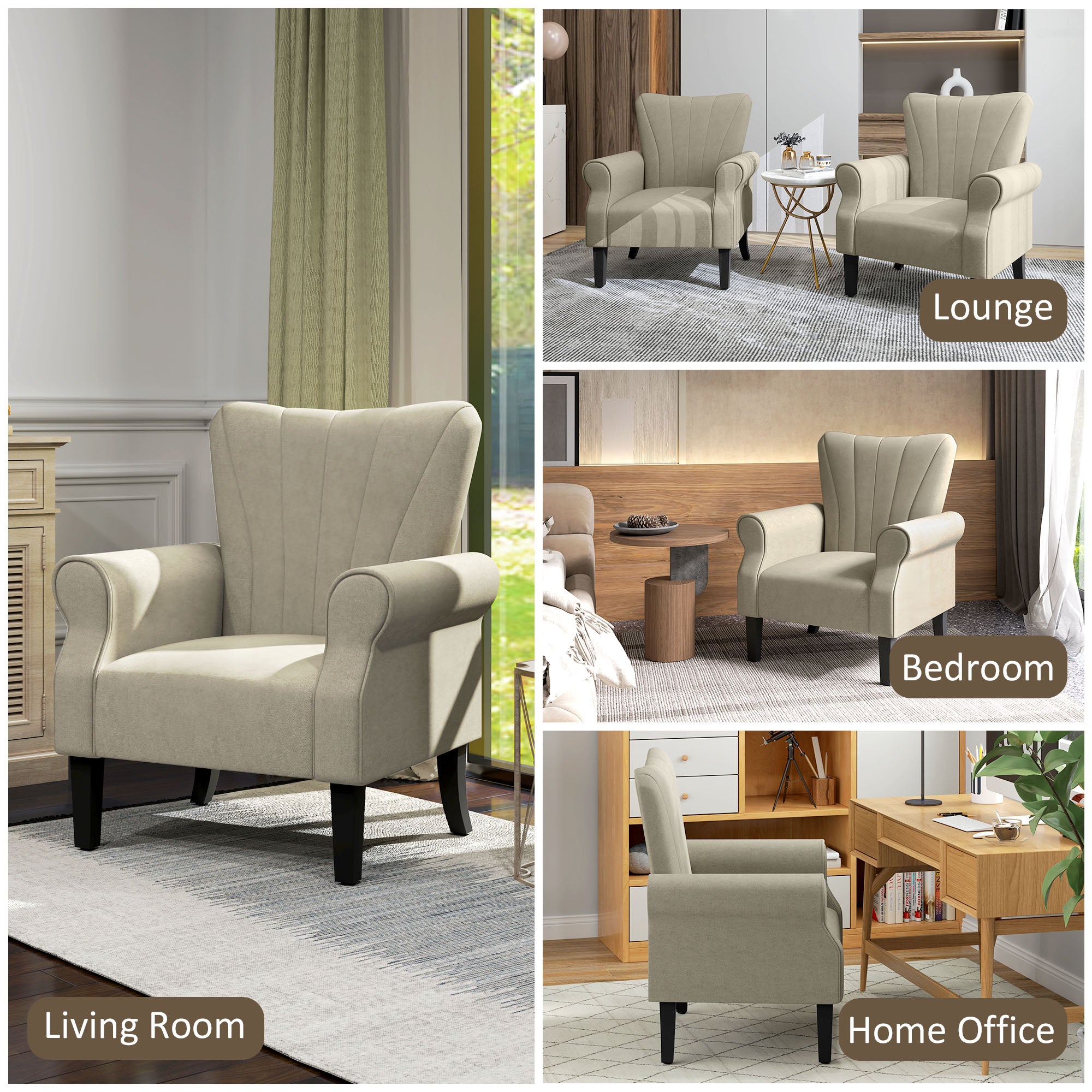 Upholstered Accent Chair with Rolled Arms and Wood Legs, Beige