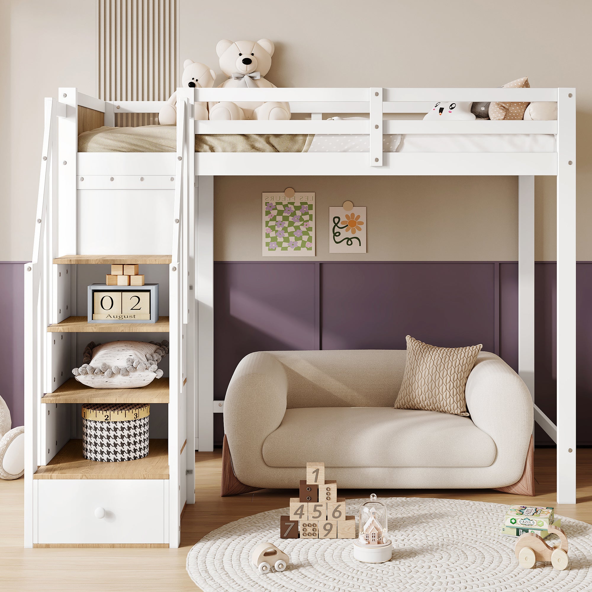 Bunk Bed with Safety Gate, Desk & Storage, Pine+MDF White+Natural
