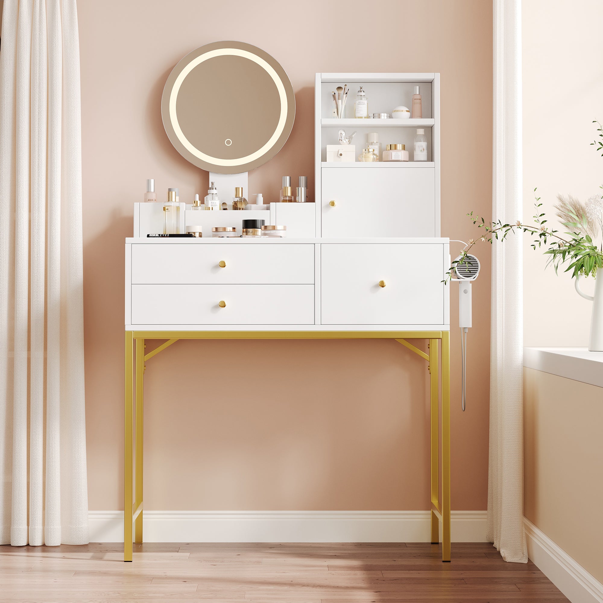 Large dressing table with dimmable LED lighting, 3 drawers and 1 door, white