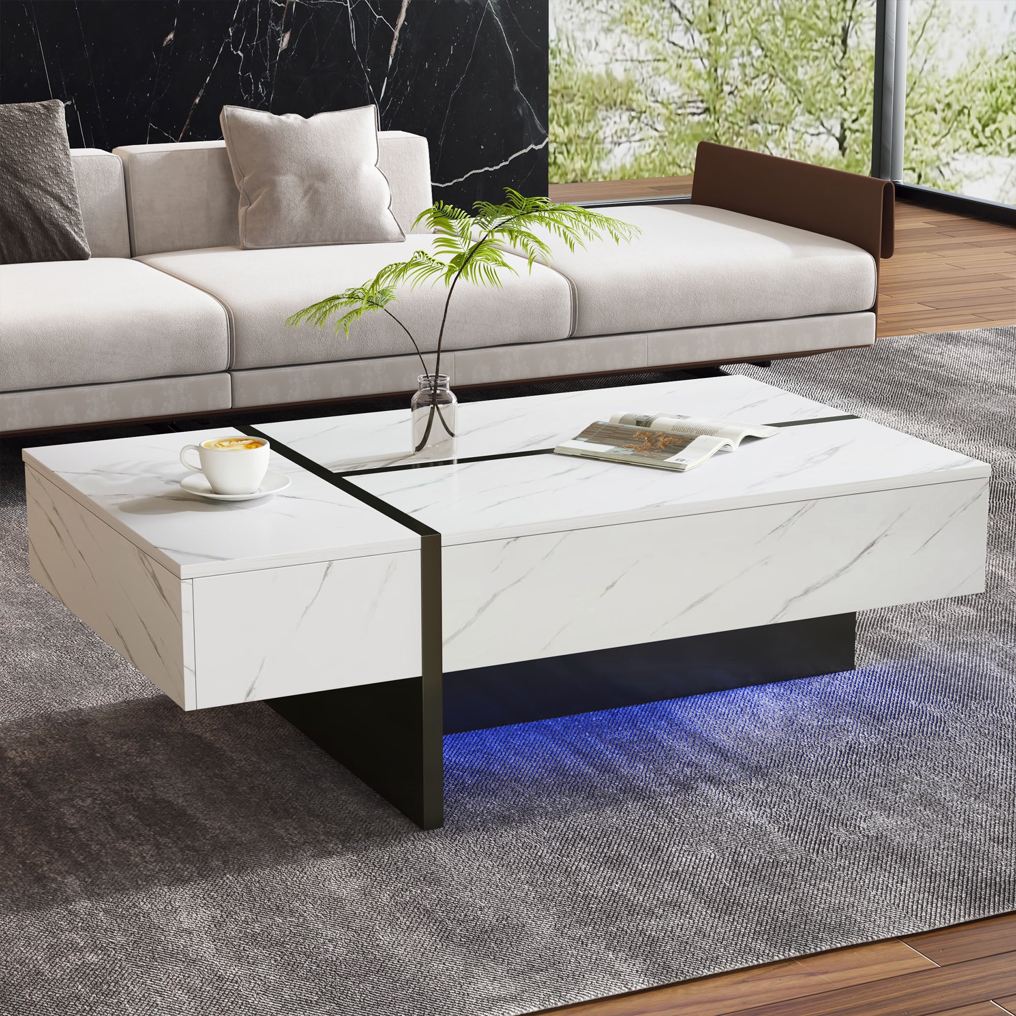 Coffee Table 105x60x35cm Irregular LED High-Gloss Marble - White