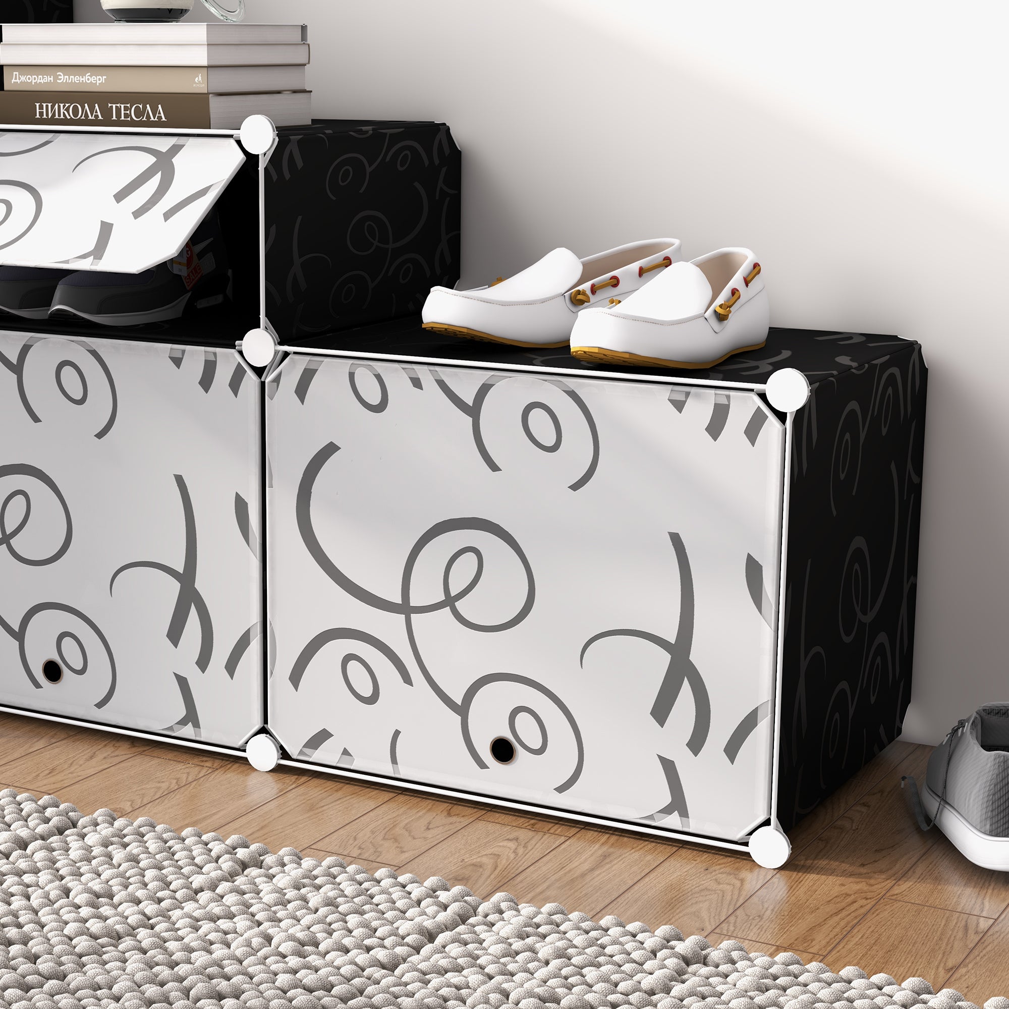 DIY Shoe Cabinet, 16 Compartments, Modular Wardrobe, PP Black + White