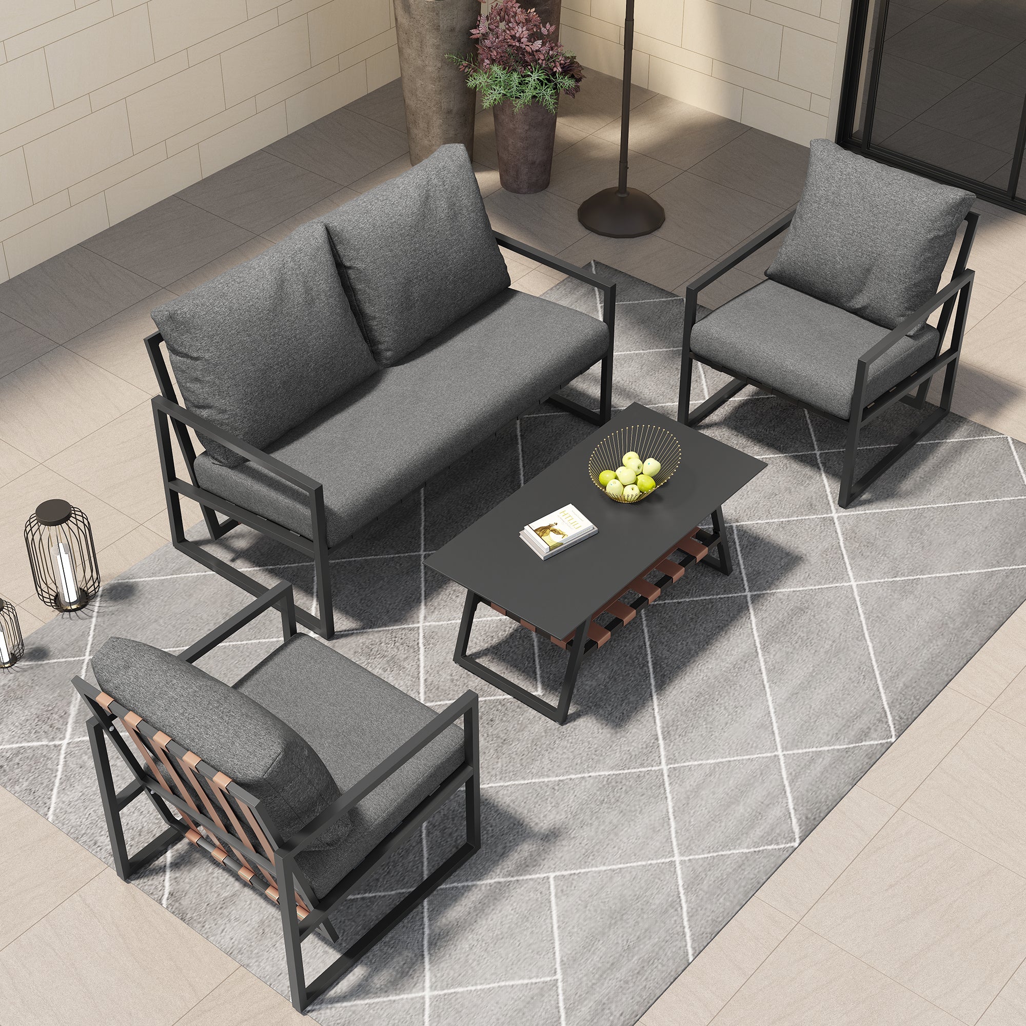Garden Furniture Seating Set for 4 People with Sofa, Coffee Table and Cushions, Black