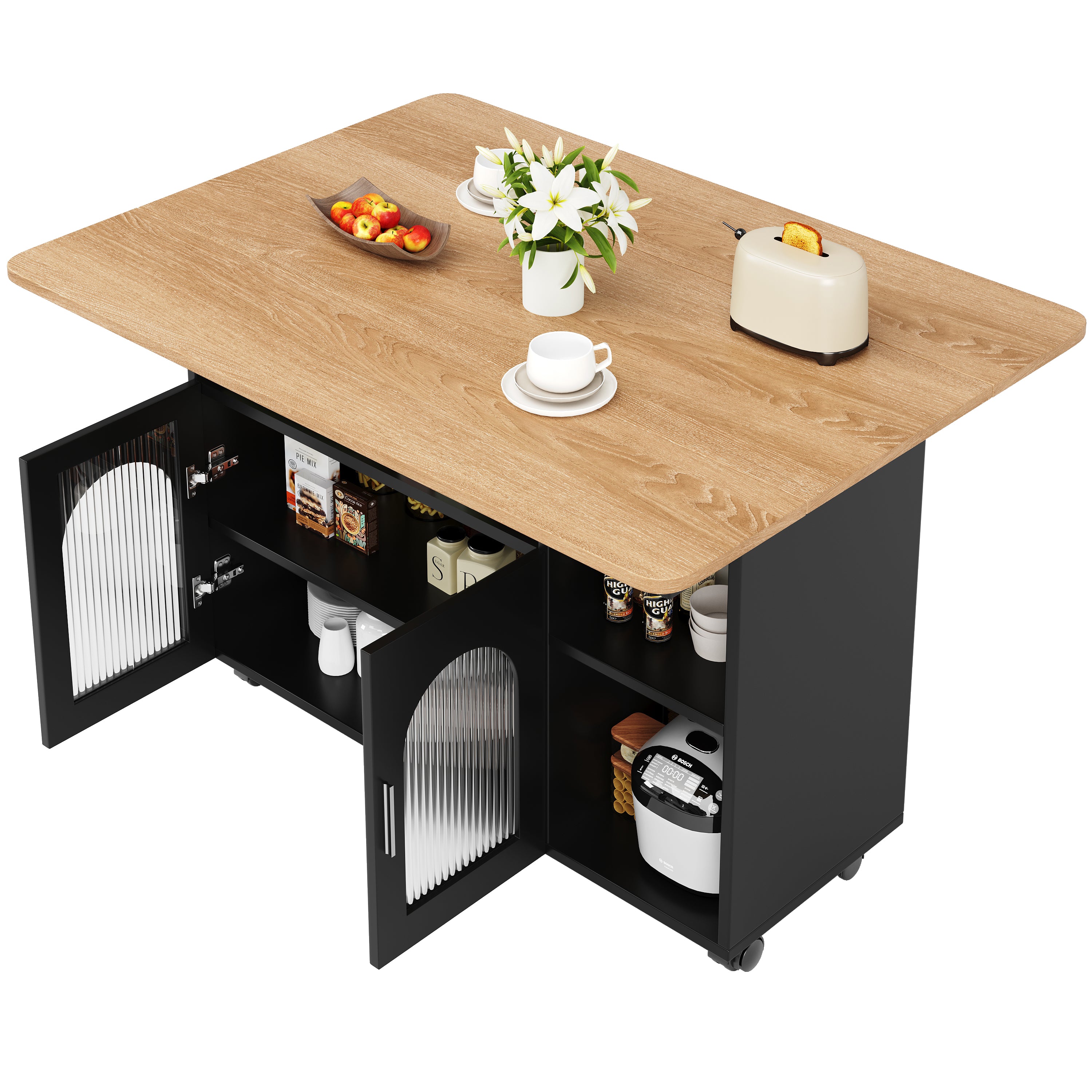 Kitchen Island Dining Cart - Multifunctional Table, Removable Trolley, Storage - Wood Grain Black