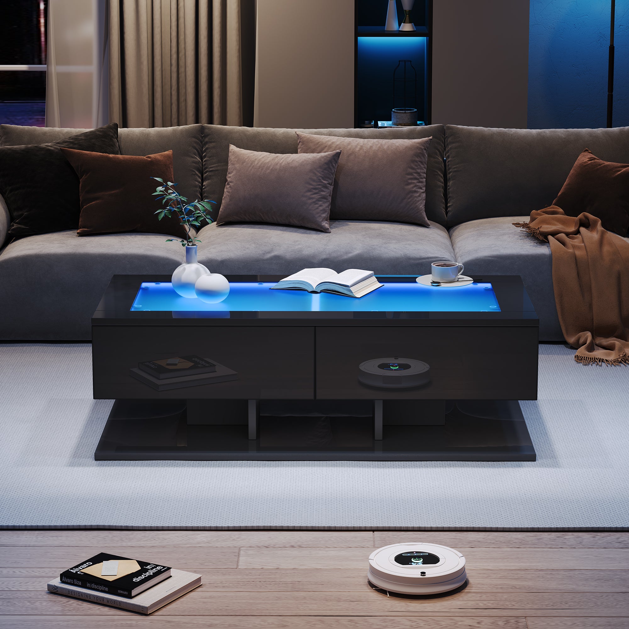 Coffee Table with Drawers, LED Light, Glass Top, Black