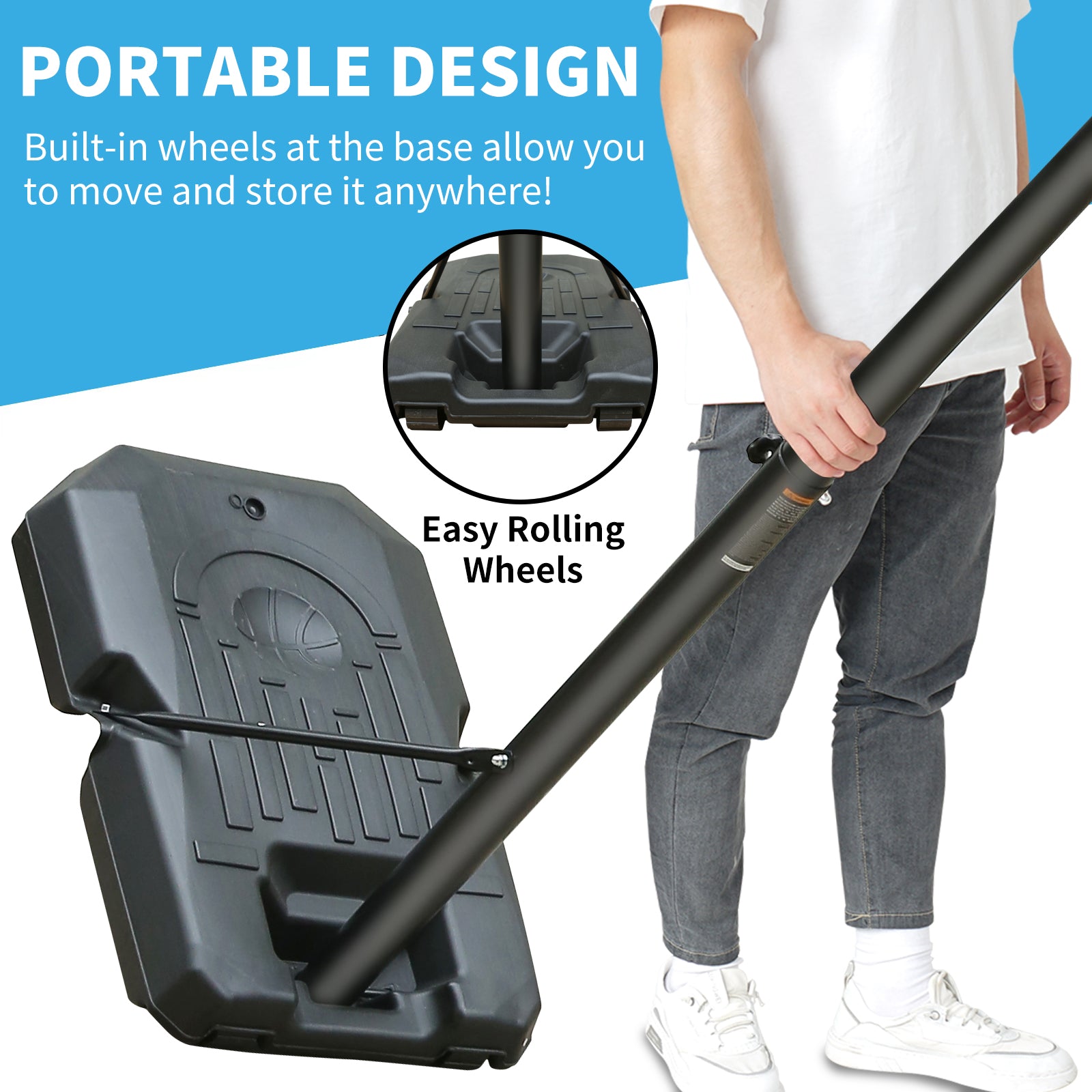 Outdoor Basketball Hoop with Adjustable Height and Built-in Wheels, PVC Backboard