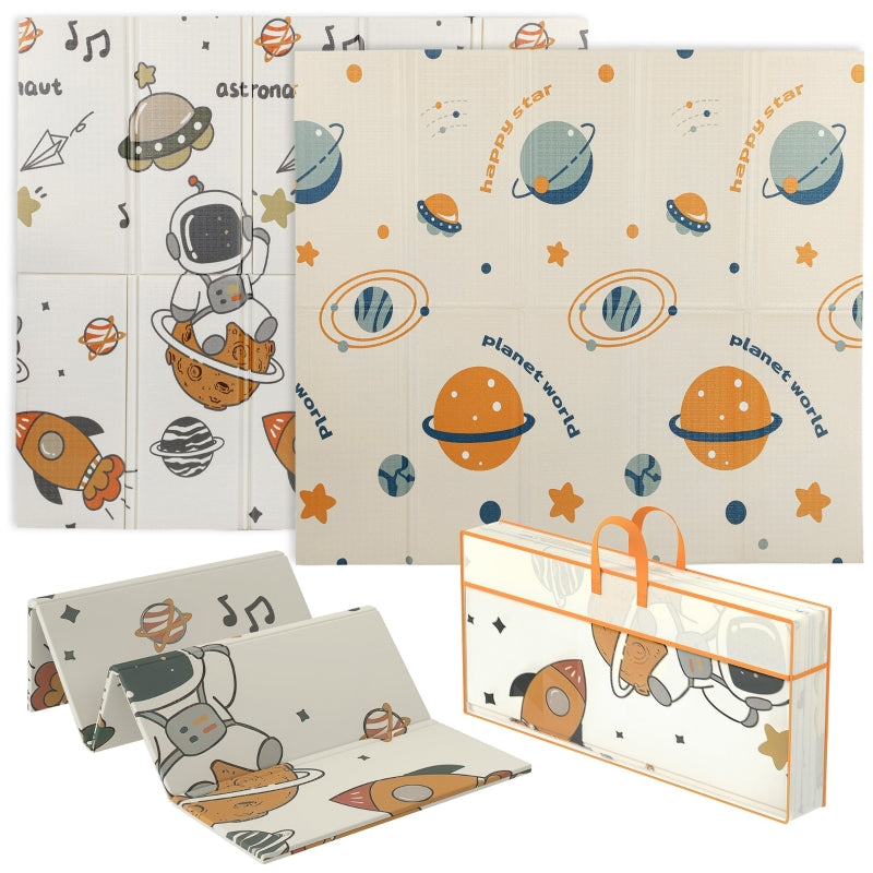 Baby Play Mat, Foldable Reversible Waterproof Crawling Mat, Astronaut and Planet Design