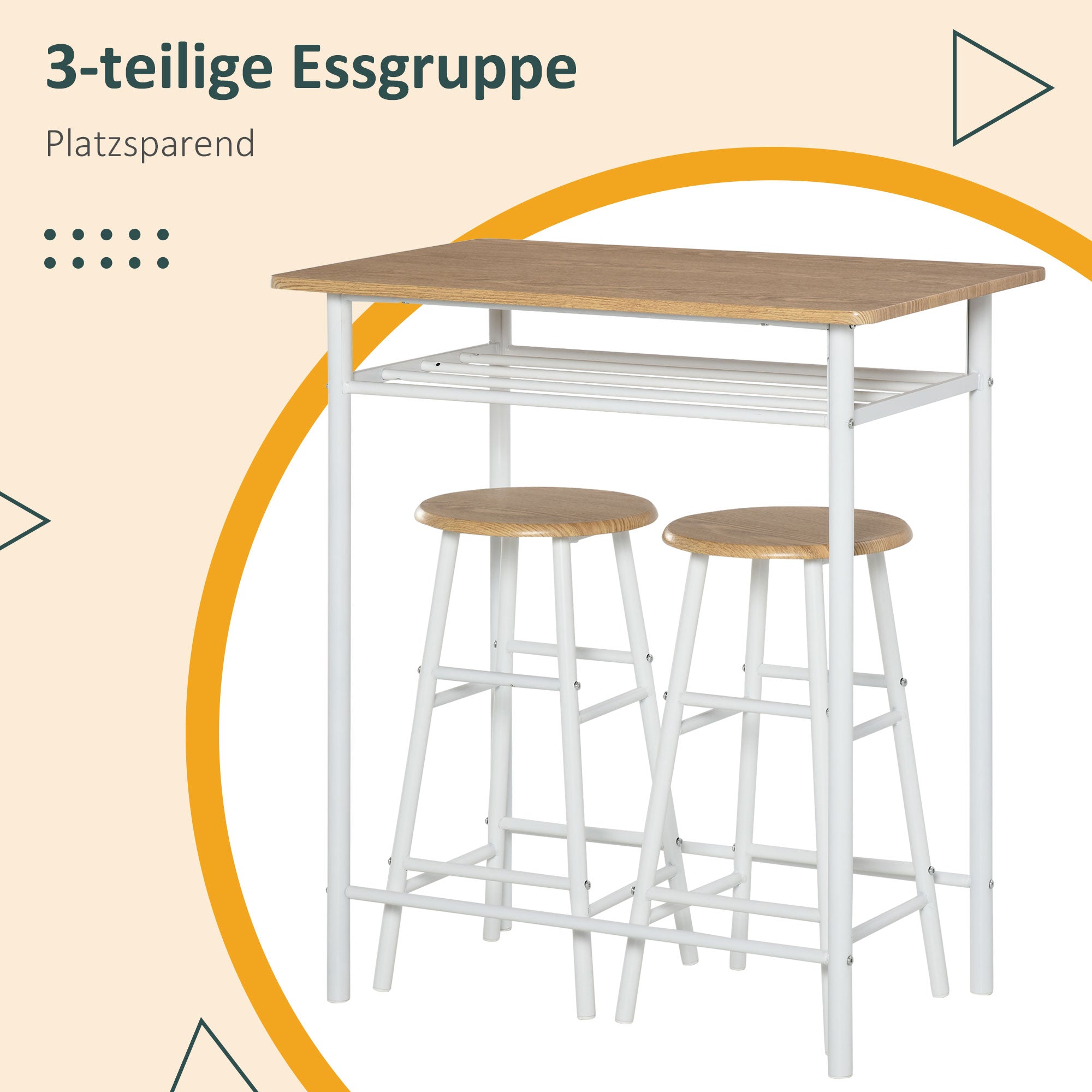 3-Piece Bar Table Set 2 Bar Stools Storage Shelf, MDF Steel, White + Oak
