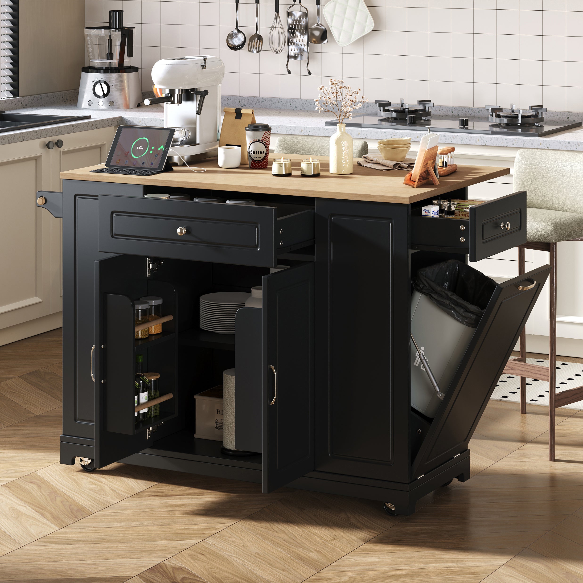 Mobile Kitchen Island Extendable Dining Area Drawers Waste Bin - Black