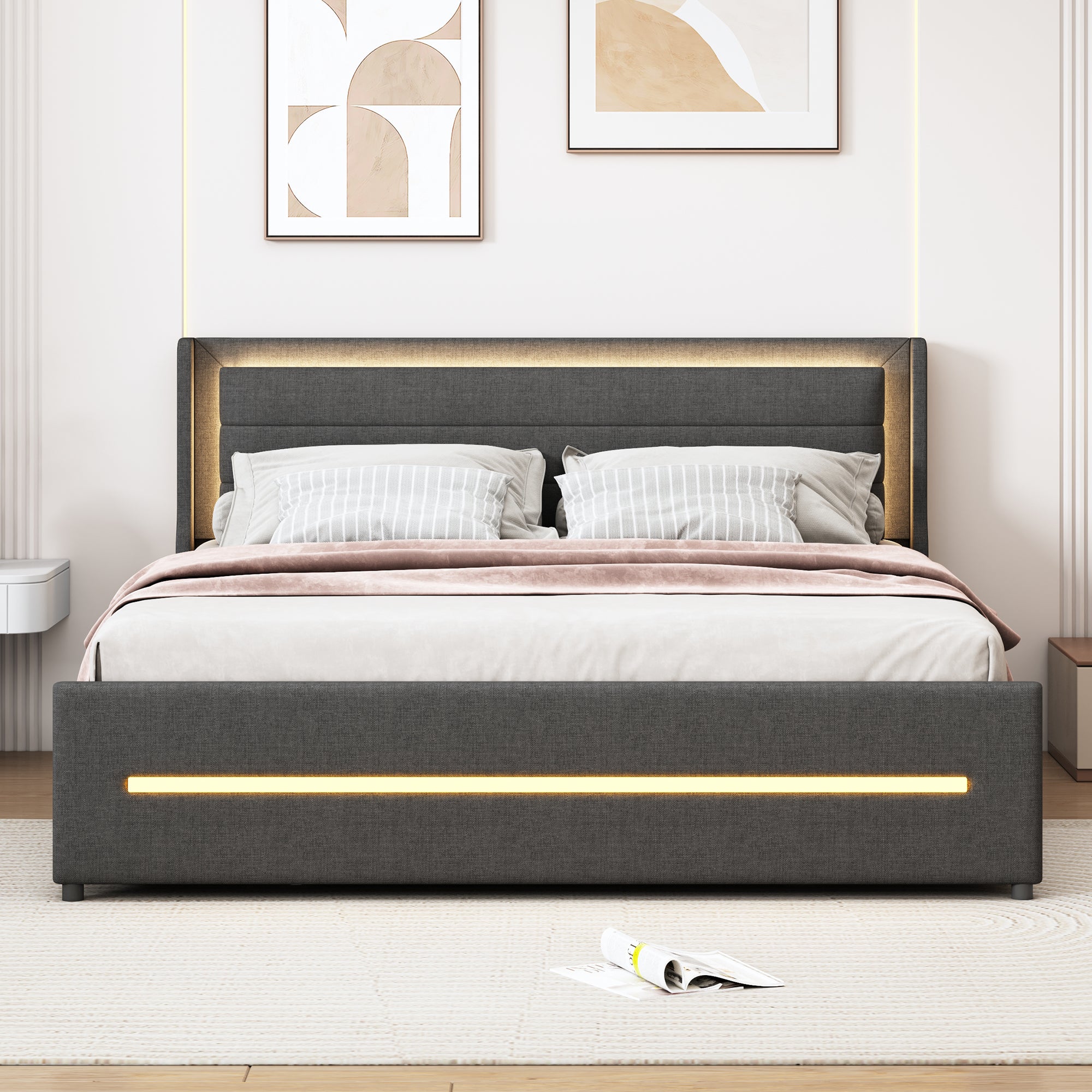 Upholstered Bed 160*200, LED Lighting, 4 Storage, Linen, Gray