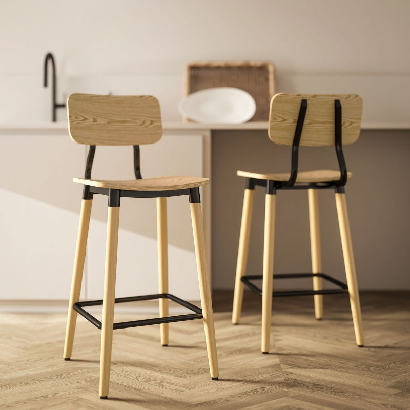 Bar Stools, 2 Counter Stools with Backrest and Footrest, Steel Legs, Natural