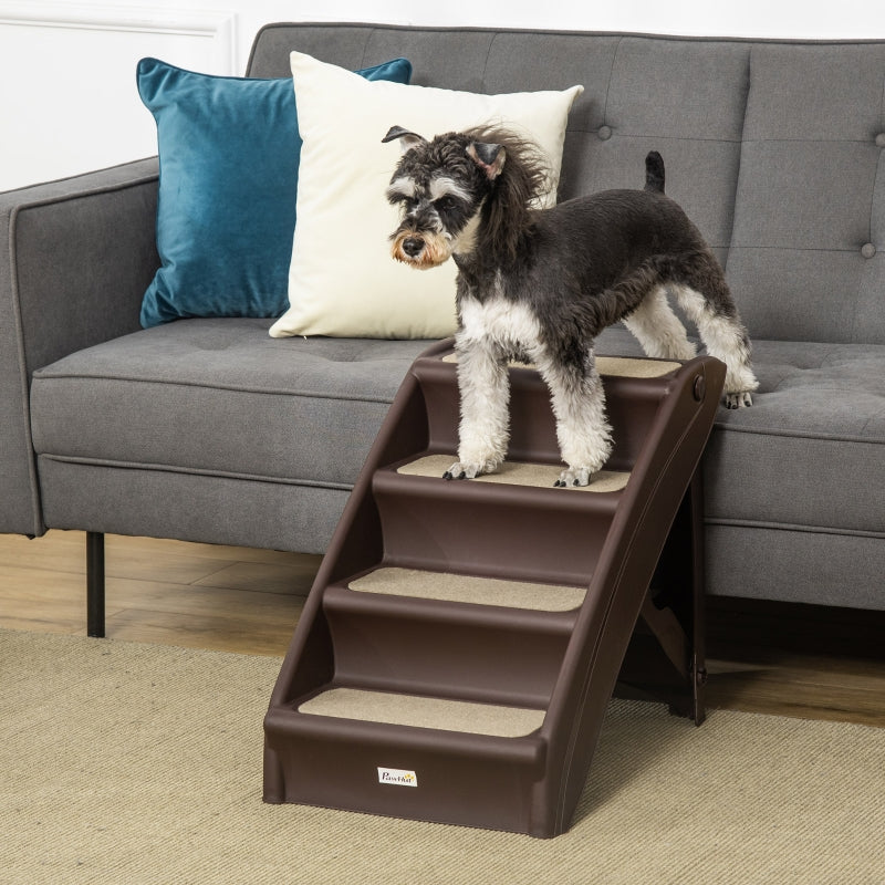 Foldable Four-Step Pet Stairs, Non-Slip Mats, Brown