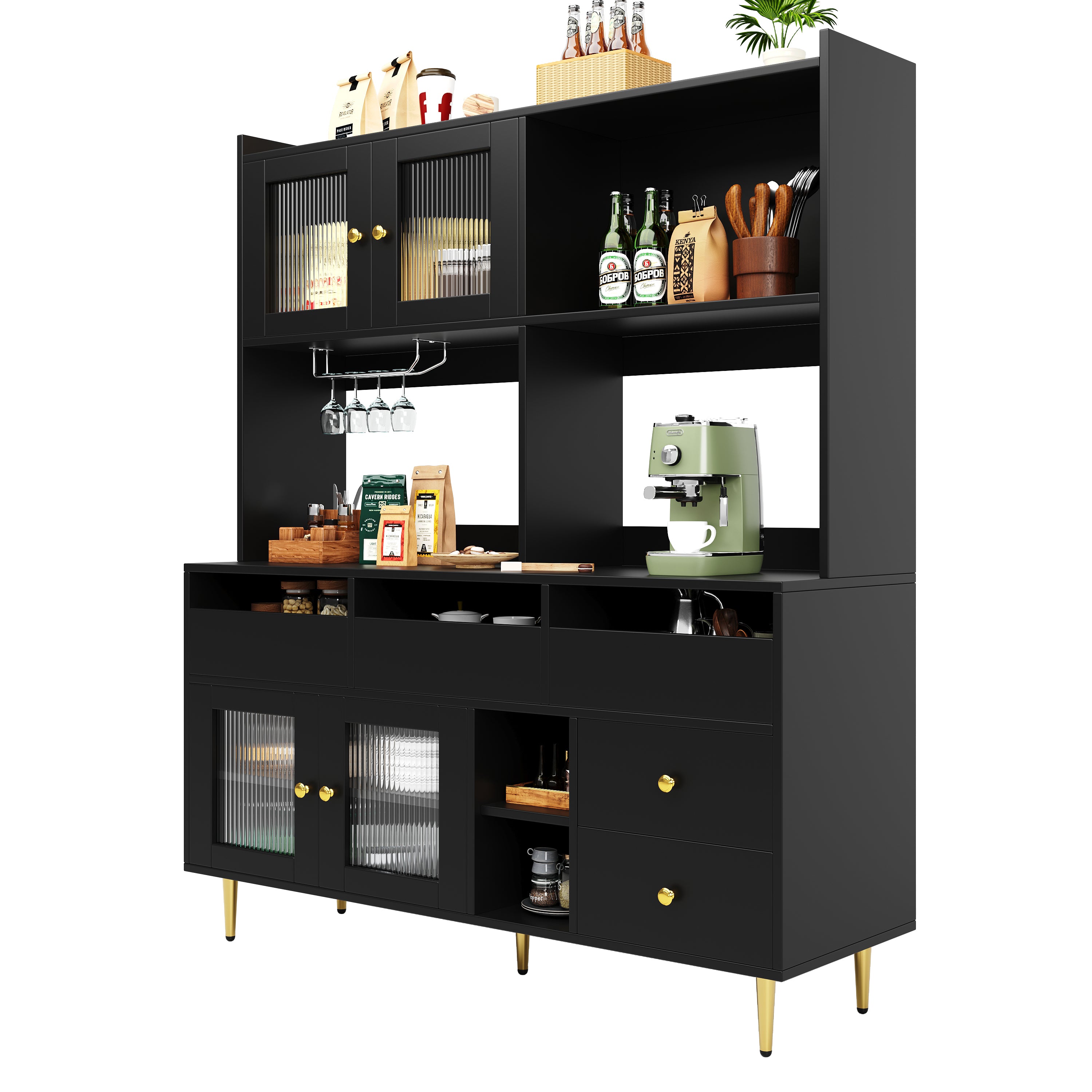 Dining Room Tall Cabinet 145x39x171cm Perforated Glass Doors Wine Rack Storage - Black/Gold