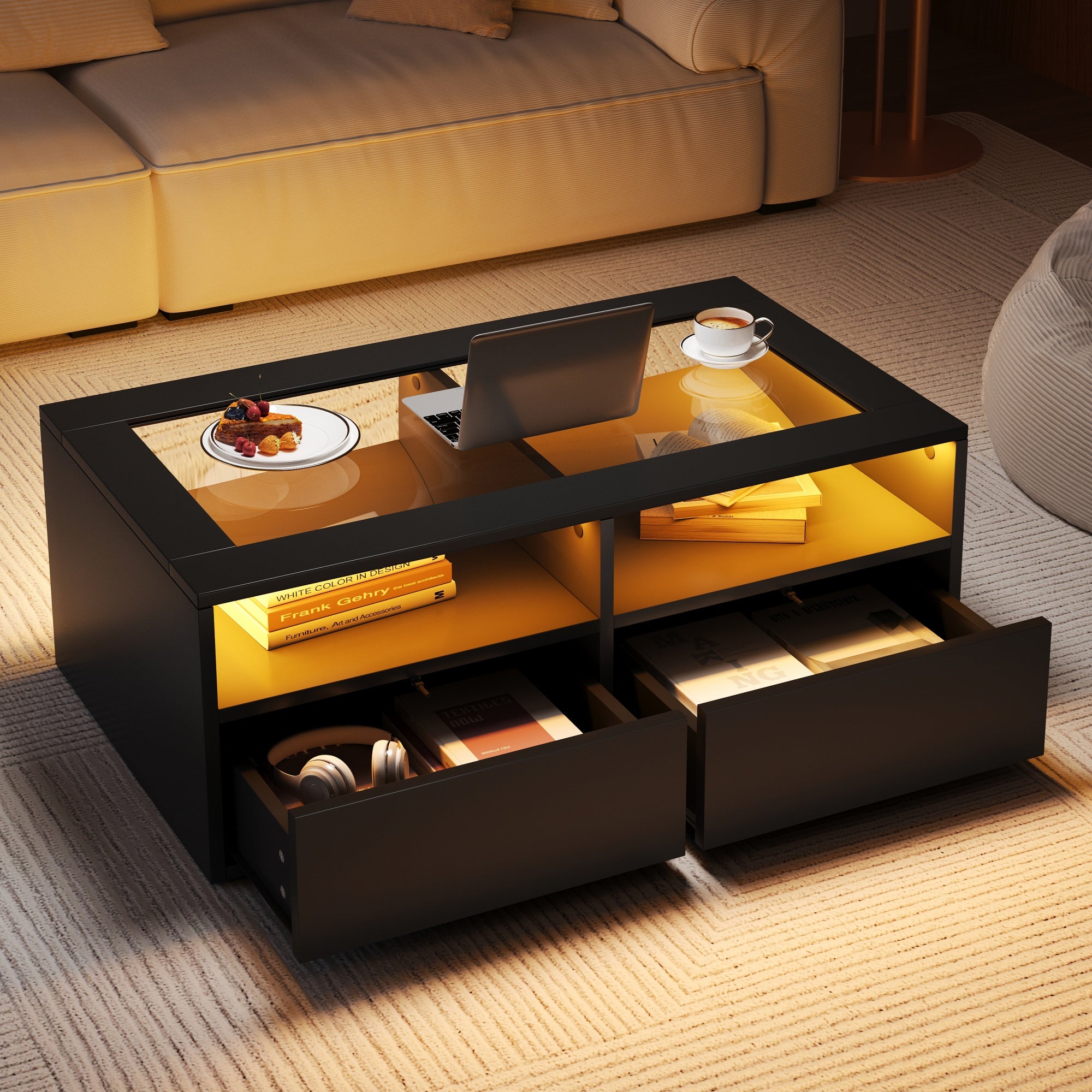 Coffee Table 100x50x35cm LED Light 2 Drawers Glass Storage Black