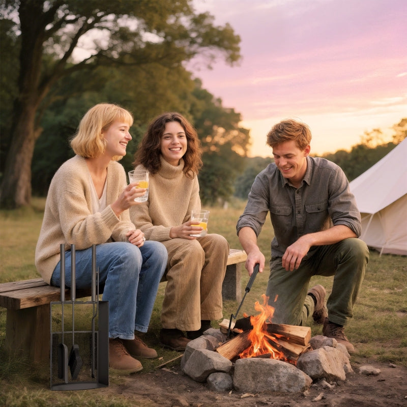 Fireplace Tool Set 5-Piece with Brush, Shovel, Poker, Tongs, and Stand, Black Metal