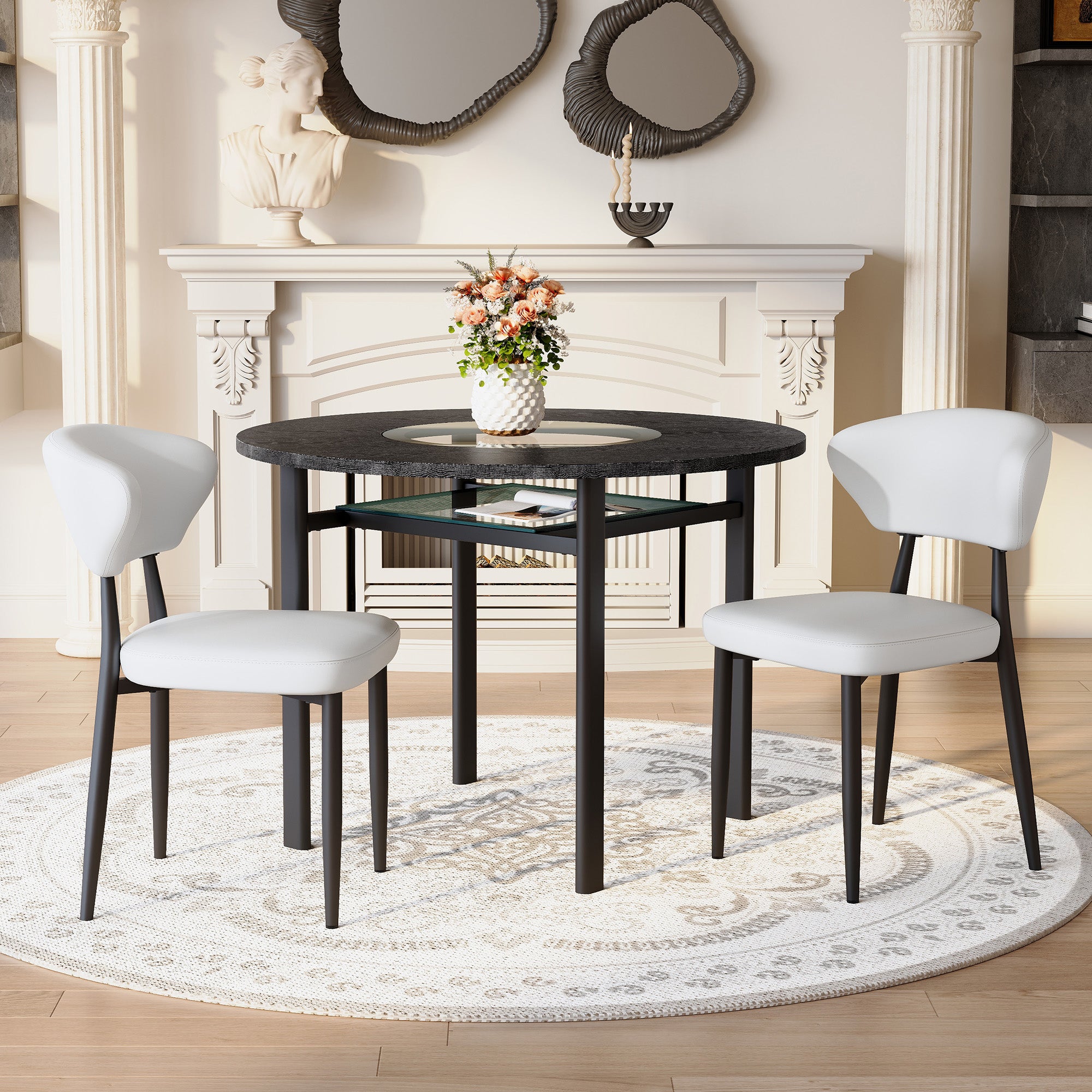 Modern Minimalist Round Table Set, 100cm Diameter with 2 Armchairs, Black Wood/White PU