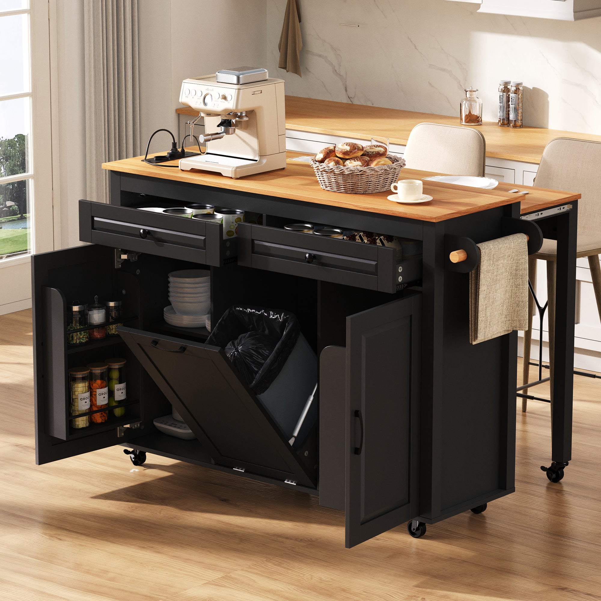 Kitchen Island Mobile Extendable Dining Worktop Waste Bin Power Strips - Black