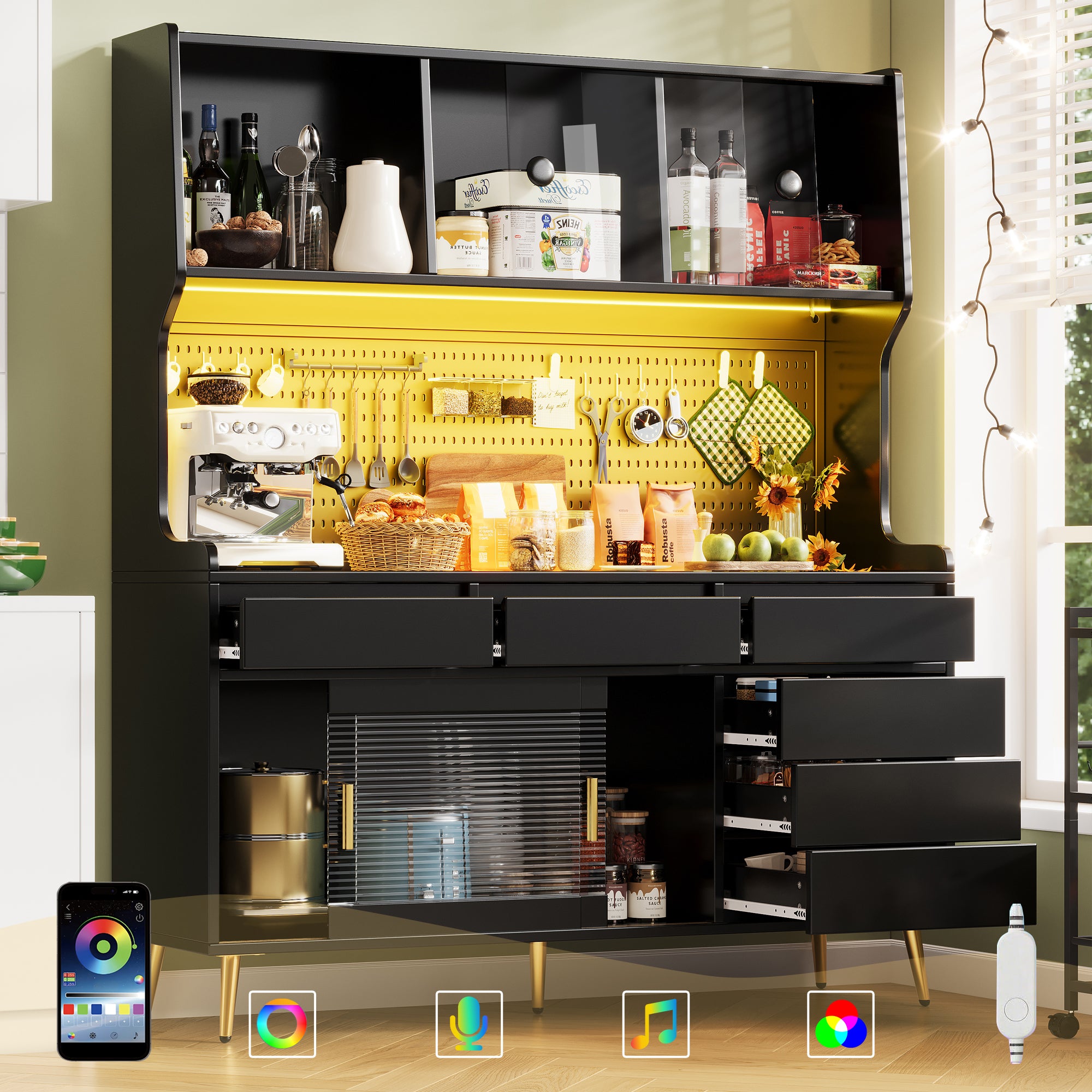 Modern Tall Cabinet with LED & App Control, Drawer, Pegboard Storage - Black