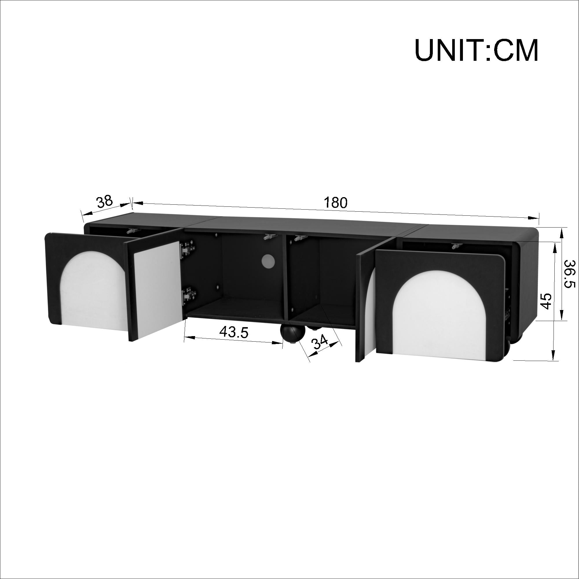 TV Cabinet with 2 Drawers, 2 Doors, Low Profile, Black and White