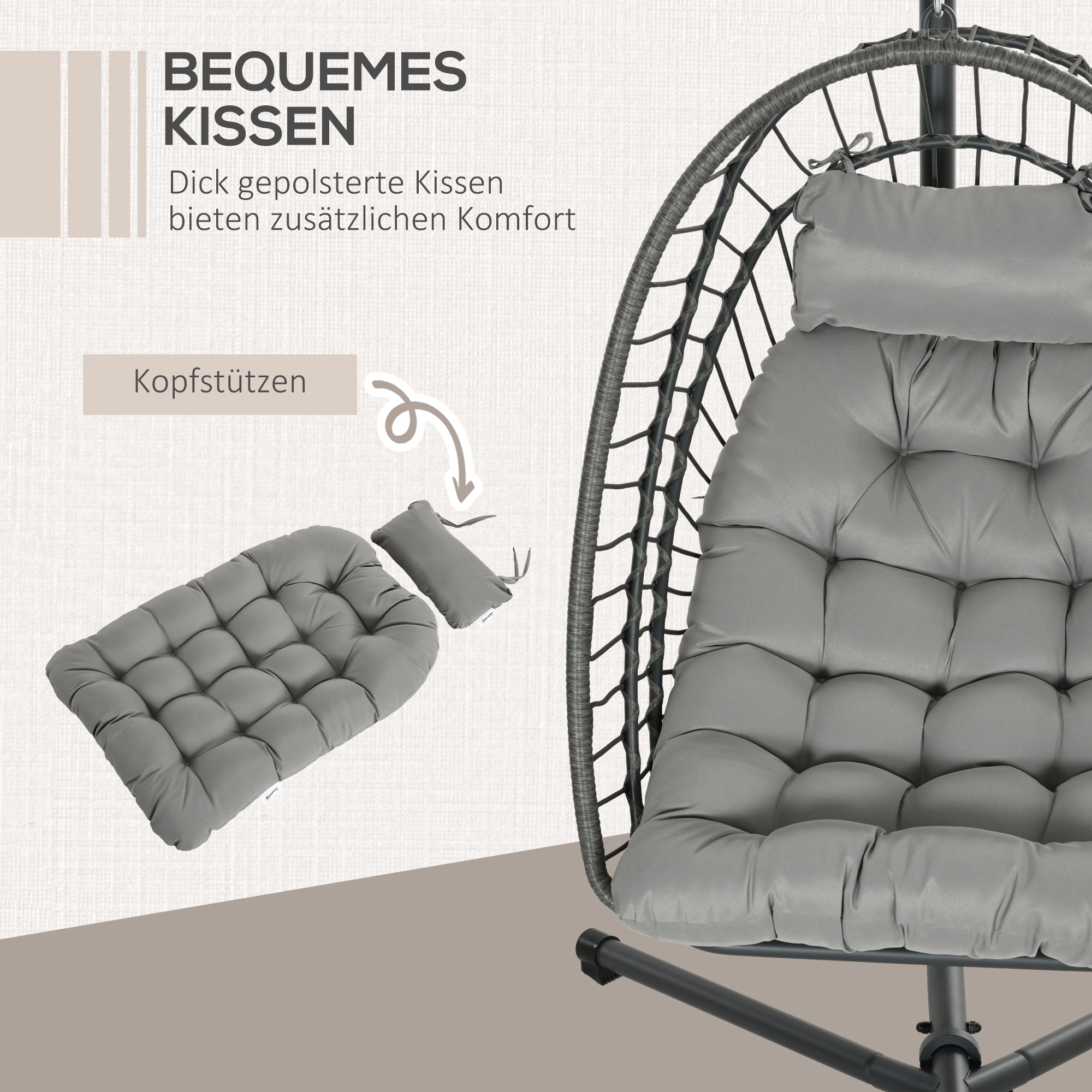 Rattan Hanging Chair Swing Basket Foldable with Frame and Cushion Light Grey