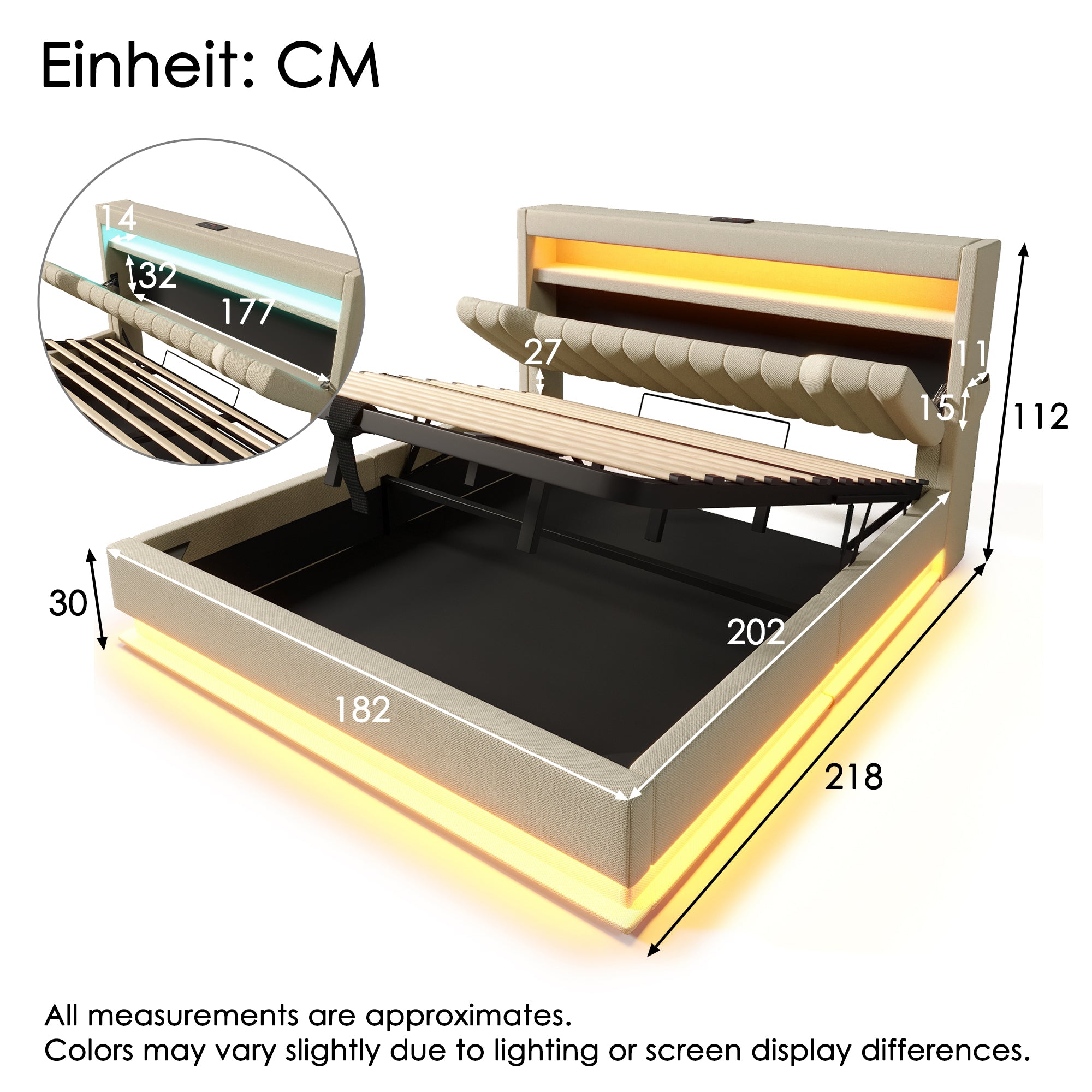 Upholstered Double Bed 180x200cm, Hydraulic Storage Headboard with LED/USB Ports, Beige Linen