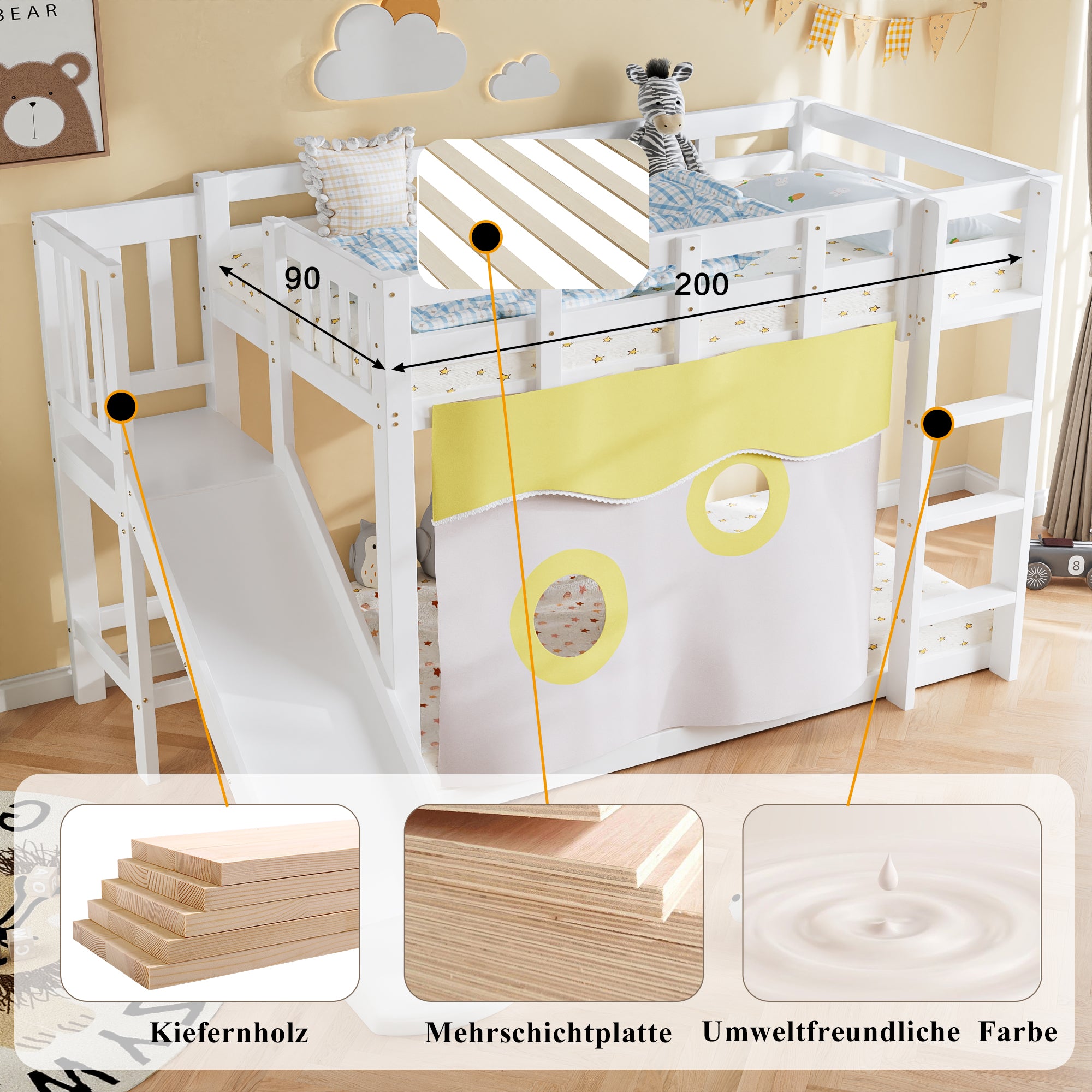 Bunk Bed with Stairs, Slide, Curtain, and Fall Protection, MDF+Pine, White